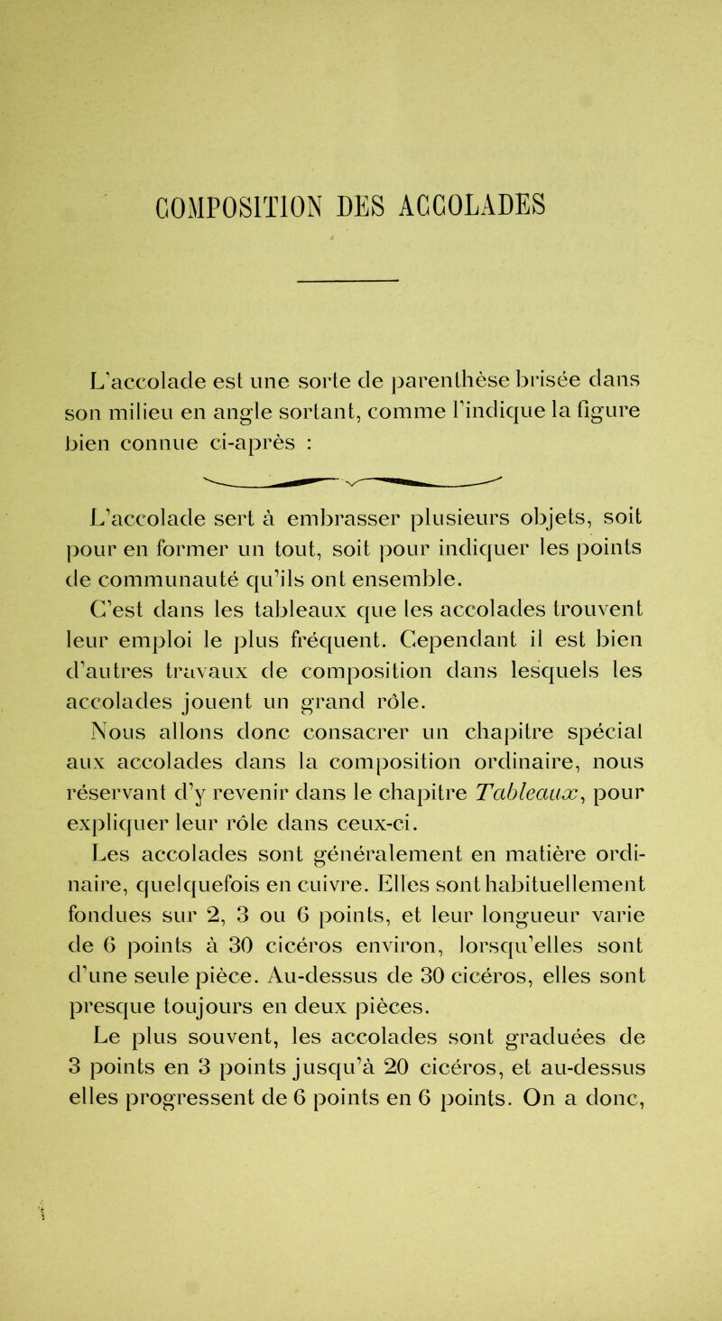 COMPOSITION DES ACCOLADES L’accolade est une sorte de parenthèse brisée dans son milieu en angle sortant, comme l’indique la figure bien connue ci-après : L’accolade sert à embrasser plusieurs objets, soit pour en former un tout, soit pour indiquer les points de communauté qu’ils ont ensemble. C’est dans les tableaux que les accolades trouvent leur emploi le plus fréquent. Cependant il est bien d’autres travaux de composition dans lesquels les accolades jouent un grand rôle. Nous allons donc consacrer un chapitre spécial aux accolades dans la composition ordinaire, nous réservant d’y revenir dans le chapitre Tableaux, pour expliquer leur rôle dans ceux-ci. Les accolades sont généralement en matière ordi- naire, quelquefois en cuivre. Elles sont habituellement fondues sur 2, 3 ou G points, et leur longueur varie de 6 points à 30 cicéros environ, lorsqu’elles sont d’une seule pièce. Au-dessus de 30 cicéros, elles sont presque toujours en deux pièces. Le plus souvent, les accolades sont graduées de 3 points en 3 points jusqu’à 20 cicéros, et au-dessus elles progressent de 6 points en 6 points. On a donc,