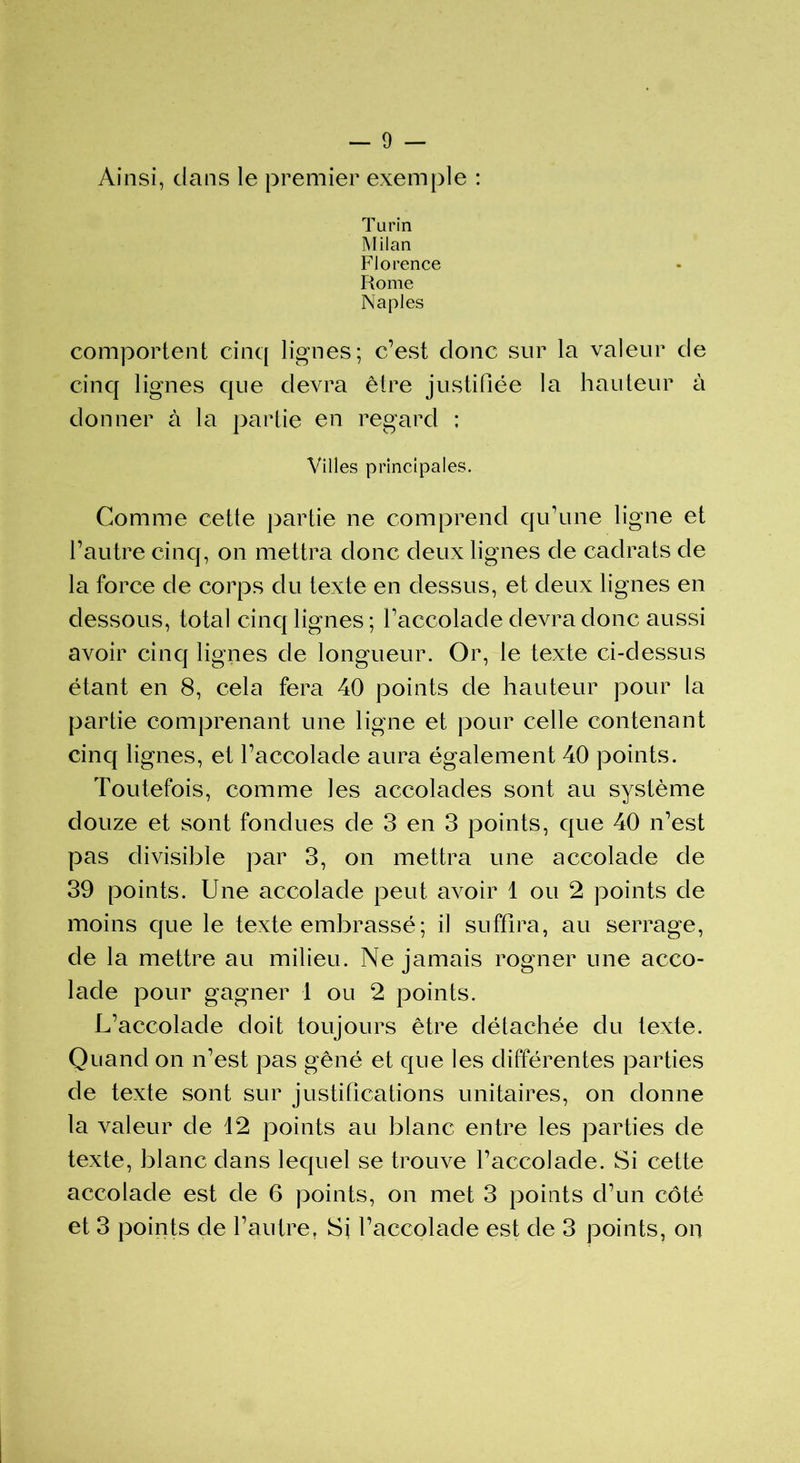 Ainsi, dans le premier exemple : Turin Milan Florence Rome Naples comportent cinq lignes; c’est donc sur la valeur de cinq lignes que devra être justifiée la hauteur à donner à la partie en regard : Villes principales. Comme cette partie ne comprend qu’une ligne et l’autre cinq, on mettra donc deux lignes de cadrats de la force de corps du texte en dessus, et deux lignes en dessous, total cinq lignes ; l’accolade devra donc aussi avoir cinq lignes de longueur. Or, le texte ci-dessus étant en 8, cela fera 40 points de hauteur pour la partie comprenant une ligne et pour celle contenant cinq lignes, et l’accolade aura également 40 points. Toutefois, comme les accolades sont au système douze et sont fondues de 3 en 3 points, que 40 n’est pas divisible par 3, on mettra une accolade de 39 points. Une accolade peut avoir 1 ou 2 points de moins que le texte embrassé ; il suffira, au serrage, de la mettre au milieu. Ne jamais rogner une acco- lade pour gagner 1 ou 2 points. L’accolade doit toujours être détachée du texte. Quand on n’est pas gêné et que les différentes parties de texte sont sur justifications unitaires, on donne la valeur de 12 points au blanc entre les parties de texte, blanc dans lequel se trouve l’accolade. Si cette accolade est de 6 points, on met 3 points d’un côté et 3 points de l’autre. Si l’accolade est de 3 points, on