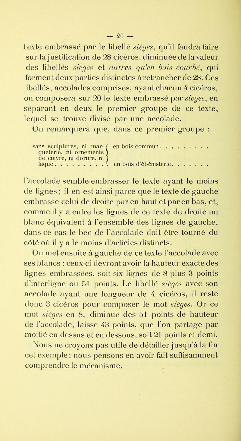texte embrassé par le libellé sièges, qu’il faudra faire sur la justification de 28 cicéros, diminuée de la valeur des libellés sièges et autres qu'en bois courbé, qui forment deux parties distinctes à retrancher de 28. Ces ibellés, accolades comprises, ayant chacun 4 cicéros, on composera sur 20 le texte embrassé par sièges, en séparant en deux le premier groupe de ce texte, lequel se trouve divisé par une accolade. On remarquera que, dans ce premier groupe : sans sculptures, ni mar- ( en bois commun queterie, ni ornements \ de cuivre, ni dorure, ni ) laque ( en bois d’ébènisterie l’accolade semble embrasser le texte ayant le moins de lignes ; il en est ainsi parce que le texte de gauche embrasse celui de droite par en haut et par en bas, et, comme il v a entre les lignes de ce texte de droite un blanc équivalent à l’ensemble des lignes de gauche, dans ce cas le bec de l’accolade doit être tourné du côté ou il y a le moins d'articles distincts. On met ensuite à gauche de ce texte l’accolade avec ses blancs : ceux-ci devront avoir la hauteur exacte des lignes embrassées, soit six lignes de 8 plus 3 points d’interligne ou 51 points. Le libellé sièges avec son accolade ayant une longueur de 4 cicéros, il reste donc 3 cicéros pour composer le mot sièges. Or ce mot sièges en 8, diminué des 51 points de hauteur de l’accolade, laisse 43 points, que l’on partage par moitié en dessus et en dessous, soit 21 points et demi. Nous ne croyons pas utile de détailler jusqu’à la fin cet exemple ; nous pensons en avoir fait suffisamment comprendre le mécanisme.