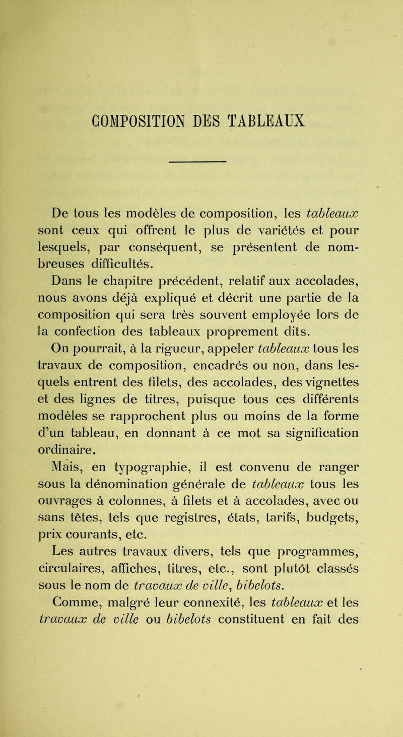 COMPOSITION DES TABLEAUX De tous les modèles de composition, les tableaux sont ceux qui offrent le plus de variétés et pour lesquels, par conséquent, se présentent de nom- breuses difficultés. Dans le chapitre précédent, relatif aux accolades, nous avons déjà expliqué et décrit une partie de la composition qui sera très souvent employée lors de la confection des tableaux proprement dits. On pourrait, à la rigueur, appeler tableaux tous les travaux de composition, encadrés ou non, dans les- quels entrent des filets, des accolades, des vignettes et des lignes de titres, puisque tous ces différents modèles se rapprochent plus ou moins de la forme d’un tableau, en donnant à ce mot sa signification ordinaire. Mais, en typographie, il est convenu de ranger sous la dénomination générale de tableaux tous les ouvrages à colonnes, à filets et à accolades, avec ou sans têtes, tels que registres, états, tarifs, budgets, prix courants, etc. Les autres travaux divers, tels que programmes, circulaires, affiches, titres, etc., sont plutôt classés sous le nom de travaux de ville, bibelots. Comme, malgré leur connexité, les tableaux et les travaux de ville ou bibelots constituent en fait des
