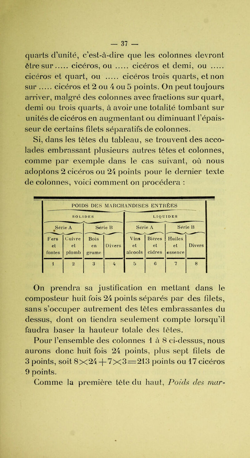 quarts d’unité, c’est-à-dire que les colonnes devront être sur cicéros, ou cicéros et demi, ou cicéros et quart, ou cicéros trois quarts, et non sur cicéros et 2 ou 4 ou 5 points. On peut toujours arriver, malgré des colonnes avec fractions sur quart, demi ou trois quarts, à avoir une totalité tombant sur unités de cicéros en augmentant ou diminuant l’épais- seur de certains filets séparatifs de colonnes. Si, dans les têtes du tableau, se trouvent des acco- lades embrassant plusieurs autres têtes et colonnes, comme par exemple dans le cas suivant, où nous adoptons 2 cicéros ou 24 points pour le dernier texte de colonnes, voici comment on procédera : POIDS DES MARCHANDISES ENTRÉES SOLIDES Série A F ers et fontes Cuivre et plomb Série B Bois en grume Divers LIQUIDES Série A Vins et alcools Bières et cidres 6 Série B Huiles et essence Divers On prendra sa justification en mettant dans le composteur huit fois 24 points séparés par des filets, sans s’occuper autrement des têtes embrassantes du dessus, dont on tiendra seulement compte lorsqu’il faudra baser la hauteur totale des têtes. Pour l’ensemble des colonnes 1 à 8 ci-dessus, nous aurons donc huit fois 24 points, plus sept filets de 3 points, soit 8x24-|-7x3 — 213 points ou 17 cicéros 9 points. Gomme la première tête du haut, Poids des mur-