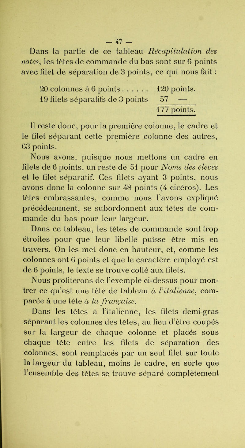 Dans la partie de ce tableau Récapitulation des notes, les têtes de commande du bas sont sur 6 points avec filet de séparation de 3 points, ce qui nous fait : 20 colonnes à 6 points 120 points. 19 filets séparatifs de 3 points 57 — 177 points. Il reste donc, pour la première colonne, le cadre et le filet séparant cette première colonne des autres, 63 points. Nous avons, puisque nous mettons un cadre en filets de 6 points, un reste de 51 pour Noms des élèves et le filet séparatif. Ces filets ayant 3 points, nous avons donc la colonne sur 48 points (4 cicéros). Les têtes embrassantes, comme nous l’avons expliqué précédemment, se subordonnent aux têtes de com- mande du bas pour leur largeur. Dans ce tableau, les têtes de commande sont trop étroites pour que leur libellé puisse être mis en travers. On les met donc en hauteur, et, comme les colonnes ont 6 points et que le caractère employé est de 6 points, le texte se trouve collé aux filets. Nous profiterons de l’exemple ci-dessus pour mon- trer ce qu’est une tête de tableau à Vitalienne, com- parée à une tête a la française. Dans les têtes à l’italienne, les filets demi-gras séparant les colonnes des têtes, au lieu d’être coupés sur la largeur de chaque colonne et placés sous chaque tête entre les filets de séparation des colonnes, sont remplacés par un seul filet sur toute la largeur du tableau, moins le cadre, en sorte que l’ensemble des têtes se trouve séparé complètement