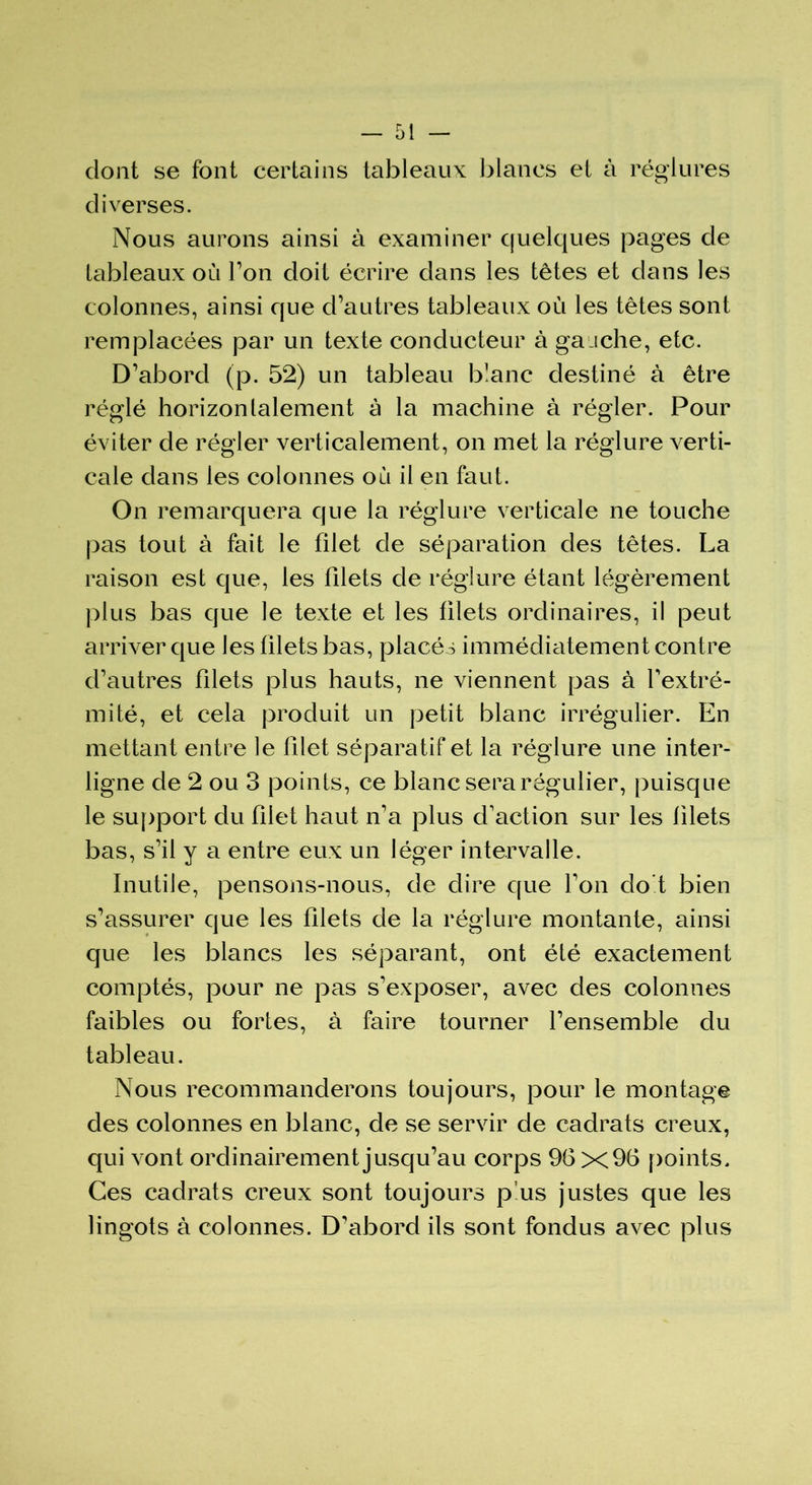 dont se font certains tableaux blancs el à régiures diverses. Nous aurons ainsi à examiner quelques pages de tableaux où Ton doit écrire dans les têtes et dans les colonnes, ainsi que d’autres tableaux où les têtes sont remplacées par un texte conducteur à gai ch e, etc. D’abord (p. 52) un tableau blanc destiné à être réglé horizontalement à la machine à régler. Pour éviter de régler verticalement, on met la réglure verti- cale dans les colonnes où il en faut. On remarquera que la réglure verticale ne touche pas tout à fait le filet de séparation des têtes. La raison est que, les filets de réglure étant légèrement plus bas que le texte et les filets ordinaires, il peut arriver que les filets bas, placés immédiatement contre d’autres filets plus hauts, ne viennent pas à l’extré- mité, et cela produit un petit blanc irrégulier. En mettant entre le filet séparatif et la réglure une inter- ligne de 2 ou 3 points, ce blanc sera régulier, puisque le support du filet haut n’a plus d’action sur les filets bas, s’il y a entre eux un léger intervalle. Inutile, pensons-nous, de dire que l’on cio t bien s’assurer que les filets de la réglure montante, ainsi que les blancs les séparant, ont été exactement comptés, pour ne pas s’exposer, avec des colonnes faibles ou fortes, à faire tourner l’ensemble du tableau. Nous recommanderons toujours, pour le montage des colonnes en blanc, de se servir de cadrats creux, qui vont ordinairement jusqu’au corps 9(3 X 96 points. Ces cadrats creux sont toujours p us justes que les lingots à colonnes. D’abord ils sont fondus avec plus