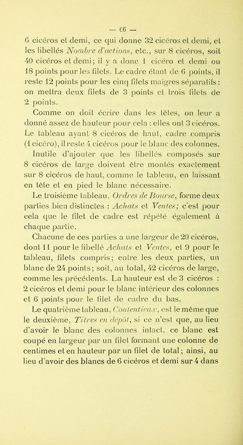 6 cicéros et demi, ce qui donne 32 cicéros et demi, et les libellés Nombre cVactions, etc., sur 8 cicéros, soit 40 cicéros et demi; il y a donc 1 cicéro et demi ou 18 points pour les filets. Le cadre étant de 6 points, il reste 12 points pour les cinq filets maigres séparatifs : on mettra deux filets de 3 points et trois filets de 2 points. Gomme on doit écrire dans les têtes, on leur a donné assez de hauteur pour cela : elles ont 3 cicéros. Le tableau ayant 8 cicéros de haut, cadre compris (1 cicéro), il reste 4 cicéros pour le blanc des colonnes. Inutile d’ajouter que les libellés composés sur 8 cicéros de large doivent être montés exactement sur 8 cicéros de haut, comme le tableau, en laissant en tête et en pied le blanc nécessaire. Le troisième tableau, Ordres de Bourse, forme deux parties bien distinctes : Achats et Ventes; c'est pour cela que le filet de cadre est répété également à chaque partie. Chacune de ces parties a une largeur de 20 cicéros, dont 11 pour le libellé Achats et Ventes, et 9 pour le tableau, filets compris; entre les deux parties, un blanc de 24 points; soit, au total, 42 cicéros de large, comme les précédents. La hauteur est de 3 cicéros : 2 cicéros et demi pour le blanc intérieur des colonnes et 6 points pour le filet de cadre du bas. Le quatrième tableau, Contentieux, est le même que le deuxième, Titres en dépôt, si ce n’est que, au lieu d’avoir le blanc des colonnes intact, ce blanc est coupé en largeur par un filet formant une colonne de centimes et en hauteur par un filet de total ; ainsi, au lieu d'avoir des blancs de 6 cicéros et demi sur 4 dans