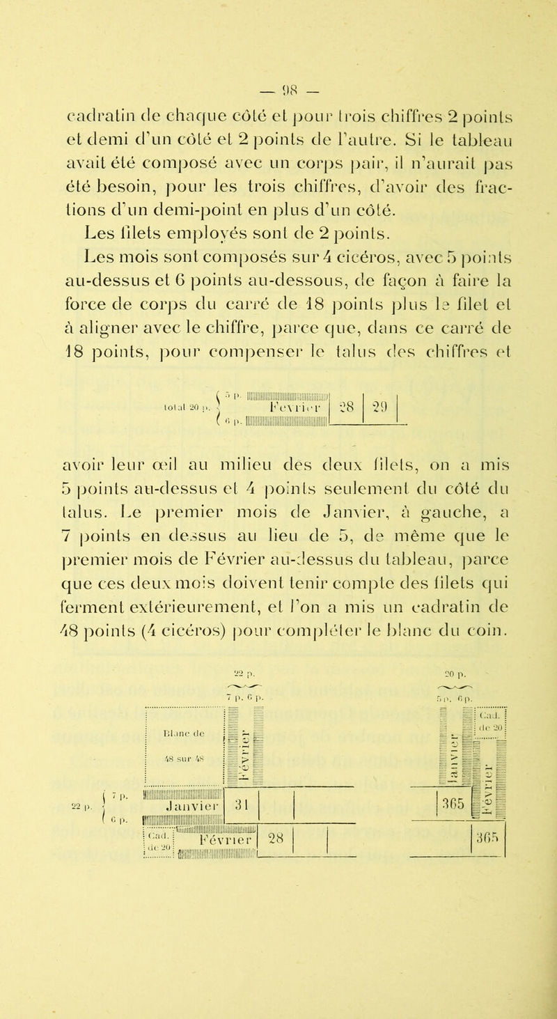 1)8 — cadratin de chaque côté et pour trois chiffres 2 points et demi d'un côté et 2 points de l’autre. Si te tableau avait été composé avec un corps pair, il n’aurait pas été besoin, pour les trois chiffres, d’avoir des frac- tions d’un demi-point en plus d’un côté. Les filets employés sont de 2 points. Les mois sont composés sur 4 cicéros, avec 5 points au-dessus et 6 points au-dessous, de façon à faire la force de corps du carré de 18 points plus le filet et à alignei* avec le chiffre, parce que, dans ce carré de 18 points, pour compenser le talus des chiffres et toi al 20 I». < ' l avoir leur œil au milieu des deux filets, on a mis 5 points au-dessus et 4 points seulement du côté du talus. Le premier mois de Janvier, à gauche, a 7 points en dessus au lieu de 5, de même que le premier mois de Février au-dessus du tableau, parce que ces deux mois doivent tenir compte des filets qui ferment extérieurement, et l’on a mis un cadratin de 48 points (4 cicéros) pour compléter le blanc du coin.