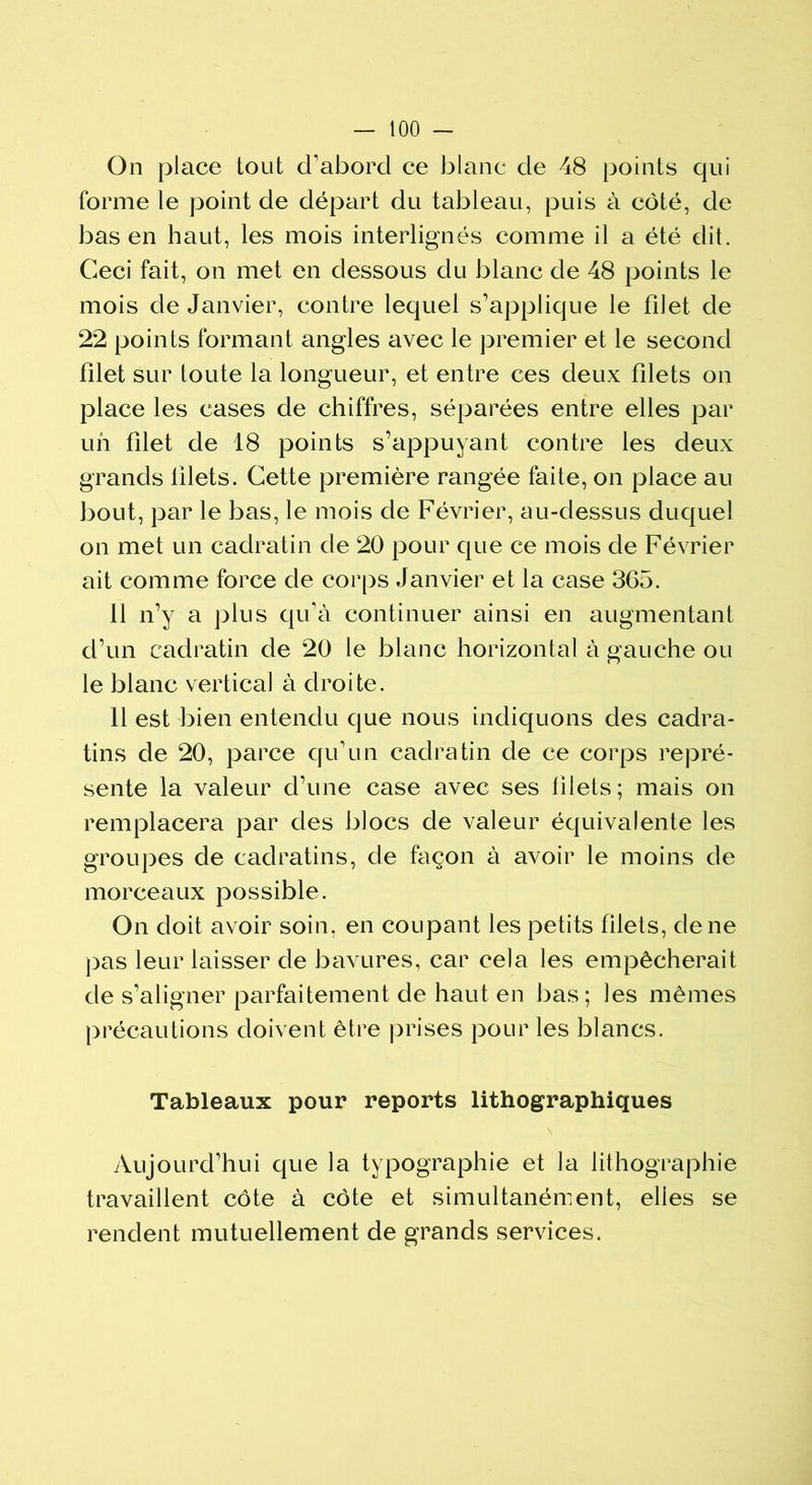 On place tout d'abord ce blanc de 48 points qui forme le point de départ du tableau, puis à côté, de bas en haut, les mois interlignés comme il a été dit. Ceci fait, on met en dessous du blanc de 48 points le mois de Janvier, contre lequel s’applique le filet de 22 points formant angles avec le premier et le second filet sur toute la longueur, et entre ces deux filets on place les cases de chiffres, séparées entre elles par un filet de 18 points s’appuyant contre les deux grands filets. Cette première rangée faite, on place au bout, par le bas, le mois de Février, au-dessus duquel on met un cadratin de 20 pour que ce mois de Février ait comme force de corps Janvier et la case 365. 11 n’y a plus qu’à continuer ainsi en augmentant d’un cadratin de 20 le blanc horizontal à gauche ou le blanc vertical à droite. 11 est bien entendu que nous indiquons des cadra- tins de 20, parce qu’un cadratin de ce corps repré- sente la valeur cl’une case avec ses filets ; mais on remplacera par des blocs de valeur équivalente les groupes de cadratins, de façon à avoir le moins de morceaux possible. On doit avoir soin, en coupant les petits filets, de ne pas leur laisser de bavures, car cela les empêcherait de s’aligner parfaitement de haut en bas; les mêmes précautions doivent être prises pour les blancs. Tableaux pour reports lithographiques Aujourd’hui que la typographie et la lithographie travaillent côte à côte et simultanément, elles se rendent mutuellement de grands services.