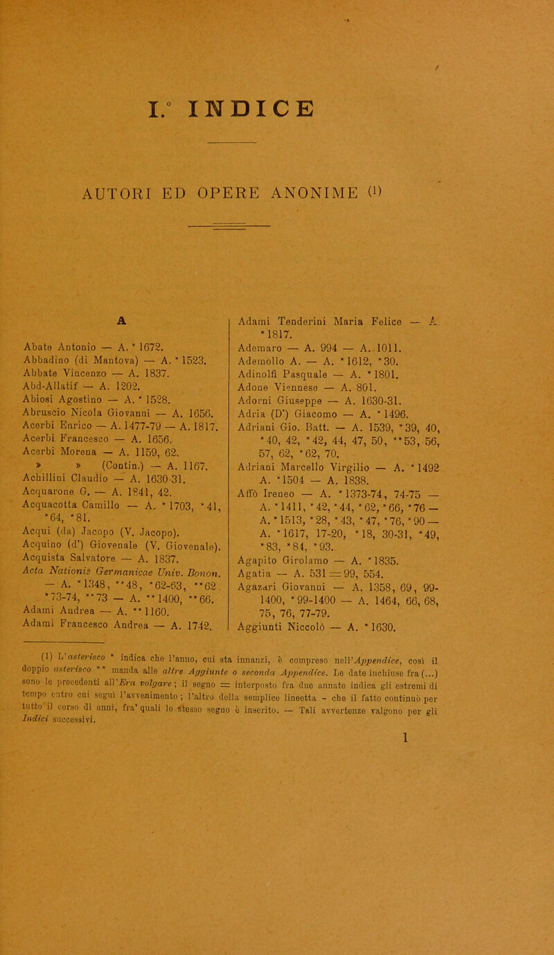 i: INDICE / AUTORI ED OPERE ANONIME (» A Abate Antonio — A. * 1672. Abbadino (di Mantova) — A. * 1523. Abbate Vincenzo — A. 1837. Abd-Allatif — A. 1202. Abiosi Agostino — A. * 1528. Abruscio Nicola Giovanni — A. 1656. Acerbi Enrico — A. 1477-79 — A. 1817. Acerbi Francesco — A. 1656. Acerbi Morena — A. 1159, 62. » » (Contin.) — A. 1167. Achillini Claudio — A. 1630-31. Acquarono G. — A. 1841, 42. Acquacotla Camillo — A. * 1703, *41, *64, *81. Acqui (da) Jacopo (V. Jacopo). Acquino (d’) Giovenale (V. Giovenale). Acquista Salvatore — A. 1837. Ada Nationis Germanicae Univ. Bonon. - A. *1348, **48, *62-63, **62, *73-74, **73 — A. **1400, **66. Adami Andrea — A. **1160. Adami Francesco Andrea — A. 1742. Adami Tenderini Maria Felice — A *1817. Ademaro — A. 994 — A. 1011. Ademollo A. — A. *1612, *30. Adinolfi Pasquale — A. * 1801. Adone Vienneso — A. 801. Adorni Giuseppe — A. 1630-31. Adria (D’) Giacomo — A. * 1496. Adriani Gio. Batt. — A. 1539, *39, 40, *40, 42, *42, 44, 47, 50, **53, 56, 57, 62, *62, 70. Adriani Marcello Virgilio — A. * 1492 A. *1504 — A. 1838. Affò Ireneo — A. *1373-74, 74-75 — A. *1411, *42, *44, *62, *66, *76- A. *1513, *28, *43, ‘47, *76, *90 — A. *1617, 17-20, *18, 30-31, *49, *83, *84, *93. Agapito Girolamo — A. *1835. Agatia — A. 531 = 99, 554. Agazari Giovanni — A. 1358, 69, 99- 1400, *99-1400 — A. 1464, 66,68, 75, 76, 77-79. Aggiunti Niccolò — A. * 1630. (1) L asterisco * indica die l’anno, cui sta innanzi, è compreso nelVAppendice, cosi il doppio asterisco ** manda alle altre Aggiunte o seconda Appendice. Le date inchiuse fra(...) sono le procedenti all Era volgare ; il sogno = interposto fra due annate indica gli estremi di tempo entro cui seguì l’avvenimento; l’altro dolla semplice lineetta - che il fatto continuò per lutto il corso di anni, fra’ quali lo stesso seguo è inserito. — Tali avvertenze valgono por gli Indici successivi.