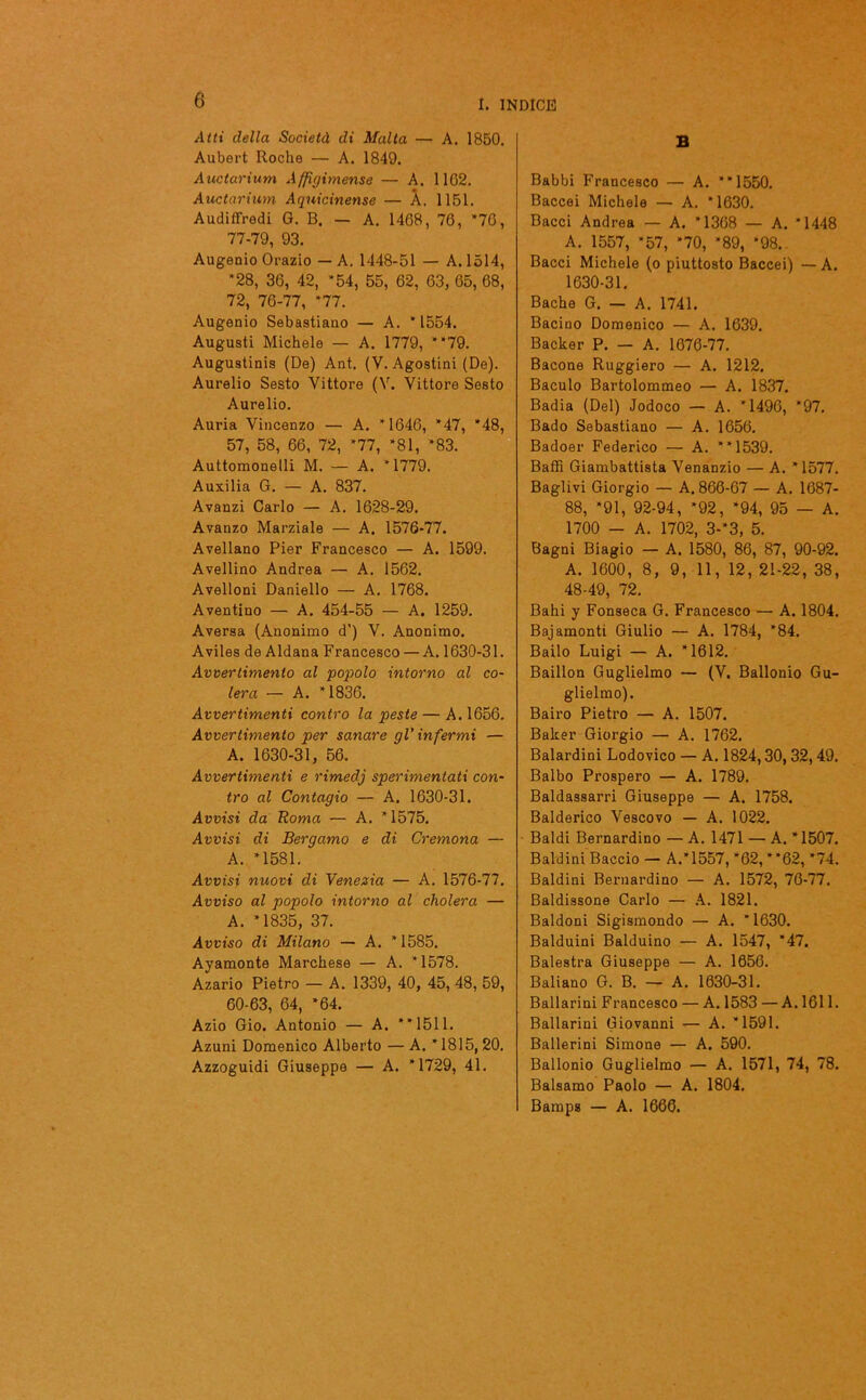 Atti della Società di Malta — A. 1850. Aubert Roche — A. 1849. Auctarium A(figimense — A. 1162. Auctarium Aqnicinense — À. 1151. Audiffredi G. B. — A. 1468, 76, *76, 77-79, 93. Augenio Orazio — A. 1448-51 — A. 1514, *28, 36, 42, *54, 55, 62, 63, 65, 68, 72, 76-77, *77. Augenio Sebastiano — A. *1554. Augusti Michele — A. 1779, *‘79. Augustinis (De) Ant. (V. Agostini (De). Aurelio Sesto Vittore (V. Vittore Sesto Aurelio. Auria Vincenzo — A. *1646, ‘47, *48, 57, 58, 66, 72, *77, *81, *83. Auttomonetli M. — A. *1779. Auxilia G. — A. 837. Avanzi Carlo — A. 1628-29. Avanzo Marziale — A. 1576-77. Avellano Pier Francesco — A. 1599. Avellino Andrea — A. 1562. Avelloni Daniello — A. 1768. Aventino — A. 454-55 — A. 1259. Aversa (Anonimo d’) V. Anonimo. Aviles de Aldana Francesco — A. 1630-31. Avvertimento al popolo intorno al co- lera — A. *1836. Avvertimenti contro la peste — A. 1656. Avvertimento per sanare gl'infermi — A. 1630-31, 56. Avvertimenti e rimedj sperimentati con- tro al Contagio — A. 1630-31. Avvisi da Roma — A. *1575. Avvisi di Bergamo e di Cremona — A. *1581. Avvisi nuovi di Venezia — A. 1576-77. Avviso al popolo intorno al cholera — A. *1835, 37. Avviso di Milano — A. *1585. Ayamonte Marchese — A. *1578. Azario Pietro — A. 1339, 40, 45, 48, 59, 60-63, 64, *64. Azio Gio. Antonio — A. **1511. Azuni Domenico Alberto — A. * 1815,20. Azzoguidi Giuseppe — A. *1729, 41. B Babbi Francesco — A. “1550. Baccei Michele — A. *1630. Bacci Andrea — A. *1368 — A. *1448 A. 1557, *57, ‘70, ‘89, *98. Bacci Michele (o piuttosto Baccei) — A. 1630-31. Bache G. — A. 1741. Bacino Domenico — A. 1639. Backer P. — A. 1676-77. Bacone Ruggiero — A. 1212. Baculo Bartolommeo — A. 1837. Badia (Del) Jodoco — A. *1496, *97. Bado Sebastiano — A. 1656. Badoer Federico — A. **1539. Baffi Giambattista Venanzio — A. *1577. Baglivi Giorgio — A. 866-67 — A. 1687- 88, ‘91, 92-94, *92, *94, 95 — A. 1700 - A. 1702, 3-*3, 5. Bagni Biagio — A. 1580, 86, 87, 90-92. A. 1600, 8, 9, 11, 12, 21-22, 38, 48-49, 72. Bahi y Fonseca G. Francesco — A. 1804. Bajamonti Giulio — A. 1784, *84. Bailo Luigi — A. *1612. Baillon Guglielmo — (V. Ballonio Gu- glielmo). Bairo Pietro — A. 1507. Baker Giorgio — A. 1762. Balardini Lodovico — A. 1824,30,32,49. Balbo Prospero — A. 1789. Baldassarri Giuseppe — A. 1758. Balderico Vescovo — A. 1022. Baldi Bernardino — A. 1471 —• A. *1507. Baldini Baccio — A.*1557, *62, **62, *74. Baldini Bernardino — A. 1572, 76-77. Baldissone Carlo — A. 1821. Baldoni Sigismondo — A. *1630. Balduini Balduino — A. 1547, *47. Balestra Giuseppe — A. 1656. Baliano G. B. — A. 1630-31. Ballarmi Francesco — A. 1583 — A. 1611. Ballarmi Giovanni — A. *1591. Ballerini Simone — A. 590. Ballonio Guglielmo — A. 1571, 74, 78. Balsamo Paolo — A. 1804. Bamps — A. 1666.