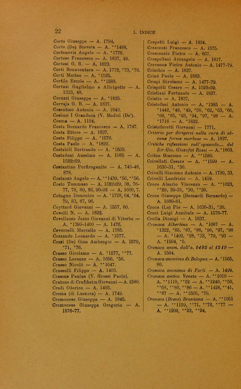 Corta Giuseppe — A. 1794. Corte (Da) Scevola — A. **1488. Cortenovis Angelo — A. *1776. Cortese Francesco — A. 1837, 49. Cortesi G. B. — A. 1623. Corti Bonaventura — A. 1772, *73, *76. Corti Matteo — A. *1525. Cortile Ercole — A. **1588. Cortusi Guglielmo e Albrigetto — A. 1313, 48. Corazzi Giuseppe — A. *1835. Corvaja G. B. — A. 1837. Cosentino Antonio — A. 1840. Cosimo I Granduca (V. Medici (De’). Cosma — A. 1124. Costa Bernardo Francesco — A. 1747. Costa Ettore — A. 1837. Costa Filippo — A. *1576. Costa Paolo — A. *1822. Costabili Bertrando — A. *1503. Costadoni Anseimo — A. 1085 — A. 1522=29. Costantino Porfirogenito — A. 746-48, 878. Costanzo Angelo — A. **1439, *56, **56. Costo Tommaso — A. 1522=29, 38, 76- 77, 78, 80, 82, 90-92 — A. 1600, 7. Cotugno Domenico — A. *1728, 64, *64, 79, 83, 87, 96. Coyttard Giovanni — A. 1557, 80. Covelli N. — A. 1822. Covelluzzo Juzzo Giovanni di Viterbo — A. *1399-1400 — A. 1476. Covercelli Marcello — A. 1785. Cozzando Leonardo — A. *1577. Cozzi (De) Gian Ambrogio — A. 1570, *71, *76. Crasso Girolamo — A. *1577, **77. Crasso Lorenzo — A. 1656, *56. Crasso Nicolò — A. **1647. Crassulli Filippo — A. 1403. Crassus Paulus (V. Grassi Paolo). Cratone di Craftheim Giovanni — A. 1580. Credi Oderico — A. 1405. Crema (di Luzzara) — A. 1749. Cremonese Giuseppe — A. 1845. Cremonese Giuseppe Gregorio — A. 1576-77. Crepetti Luigi — A. 1824. Crescenza Francesco — A. 1575. Crescenzio Pietro — A. 857. Crespellani Arcangelo — A. 1817. Crevenna Pietro Antonio — A. 1477-79. Cricchio — A. 1837. Crinò Paolo — A. 1583. Crispi Girolamo — A. 1477-79. Crispolti Cesare — A. 1522=29. Cristiani Fortunato — A. 1837. Cristin — A. 1837. Cristofani Antonio — A. *1385 — A. *1442, *48, *49, *50, *62, *63, *66, *68, *85, *93, *94, *97, *98 — A. *1716 — A. *1832. Cristoforetti Giovanni — 1771. Criterio per dirigersi nella cura di al- cune forme morbose — A. 1837. Critiche riflessioni sull’opuscolo.... del D.r Gio. Giosafat Rossi — A. *1803. Criton Giacomo — A. **1580. Crivellati Cesare — A. **1599 — A. 1630-31, *30. Crivelli Giacomo Antonio — A. 1730, 33. Crivelli Leodrisio — A. 1419. Croce Alsario Vincenzo — A. **1623, **29, 30-31, *30, **30. Croce Giuseppe (Bernardi Bernardo) — A. 1680-81. Croce (La) Pio — A. 1630-31, *30. Croci Luigi Annibaie — A. 1576-77. Crolla Dionigi — A. 1837. Cronaca Albertina — A. *1087 — A. *1322, *85, *87, *88, *96, *97, *98 — A. * 1402, *28, ‘33, *79, *93 — A. *1504, *5. Cronaca anon. dall’a. 1495 al 1519 — A. 1504. Cronaca anonima di Bologna — A. * 1565, 80. Cronaca anonima di Forlì — A. 1499. Cronaca antica Veneta — A. **1010 — A. **1118, **22 — A. **1240, **50, **68, **80, **86 — A. **1428, ”41, ”87 — A. ”1505, *70. Cronaca (Breve) Bresciana — A. **1051 — A. **1159, **71, **72, *'77 — A. **1202, ”23, ”24.