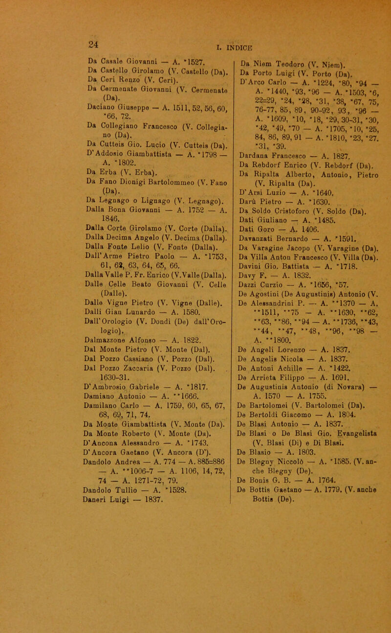 I. INDICE Da Casale Giovanni — A. *1527. Da Castello Girolamo (V. Castello (Da). Da Ceri Renzo (V. Ceri). Da Cermenate Giovanni (V. Cermenate (Da). Daciano Giuseppe — A. 1511,52, 56, 60, *66, 72. Da Collegiano Francesco (V. Collegia- no (Da). Da Cutteis Gio. Lucio (V. Cutteis (Da). D'Addosio Giambattista — A. *1798 — A. *1802. Da Erba (V. Erba). Da Fano Dionigi Bartolommeo (V. Fano (Da). Da Legnago o Lignago (V. Legnago). Dalla Bona Giovanni — A. 1752 — A. 1846. Dalla Corte Girolamo (V. Corte (Dalla). Dalla Decima Angelo (V. Decima (Dalla). Dalla Fonte Lelio (V. Fonte (Dalla). Dall’Arme Pietro Paolo — A. *1753, 61, 62, 63, 64, 65, 66. Dalla Valle P. Fr. Enrico (V.Valle (Dalla). Dalle Celle Beato Giovanni (V. Celle (Dalle). Dalle Vigne Pietro (V. Vigne (Dalle). Dalli Gian Lunardo — A. 1580. Dall’Orologio (V. Dondi (De) dall’Oro- logio). Dalmazzone Alfonso — A. 1822. Dal Monte Pietro (V. Monte (Dal). Dal Pozzo Cassiano (V. Pozzo (Dal). Dal Pozzo Zaccaria (V. Pozzo (Dal). 1630-31. D’Ambrosio Gabriele — A. *1817. Damiano Antonio — A. **1666. Damilano Carlo — A. 1759, 60, 65, 67, 68, 69, 71, 74. Da Moate Giambattista (V. Monte (Da). Da Monte Roberto (V. Monte (Da). D’Ancona Alessandro — A. *1743. D’Ancora Gaetano (V. Ancora (D’). Dandolo Andrea — A. 774 — A. 885=886 — A. **1006-7 — A. 1106, 14,72, 74 — A. 1271-72, 79. Dandolo Tullio — A. *1528. Daneri Luigi — 1837. Da Niem Teodoro (V. Niem). Da Porto Luigi (V. Porto (Da). D'Arco Carlo — A. *1224, *80, *94 — A. *1440, *93, *96 - A. *1503, *6, 22=29, *24, *28, ‘31, *38, *67, 75, 76-77, 85, 89, 90-92, 93, *96 — A. *1609, ‘10, *18, *29,30-31, *30, *42, *49, *70 — A. *1705, *10, *25, 84, 86, 89,91 — A. *1810, *23, *27. *31, *39. Dardana Francesco — A. 1827. Da Rebdorf Enrico (V. Rebdorf (Da). Da Ripalta Alberto, Antonio, Pietro (V. Ripalta (Da). D’Arsi Luzio — A. *1640. Darù Pietro — A. *1630. Da Soldo Cristoforo (V. Soldo (Da). Dati Giuliano — A. *1485. Dati Goro — A. 1406. Davanzati Bernardo — A. *1591. Da Varagine Jacopo (V. Varagine (Da). Da Villa Anton Francesco (V. Villa (Da). Davini Gio. Battista — A. *1718. Davy F. — A. 1832. Dazzi Curzio — A. *1656, *57. De Agostini (De Augustinis) Antonio (V. De Alessandrini P. — A. **1370 — A. **1511, **75 - A. **1630, “62, **63, “86, **94 — A. **1736, **43, **44, “47, “48, “96, **98 — A. “1800. De Angeli Lorenzo — A. 1837. De Angelis Nicola — A. 1837. De Antoni Achille — A. *1422. De Arrieta Filippo — A. 1691. De Augustinis Antonio (di Novara) — A. 1570 — A. 1755. De Bartolomei (V. Bartolomei (Da). De Bertoldi Giacomo — A. 1804. De Blasi Antonio — A. 1837. De Blasi o De Blasi Gio. Evangelista (V. Blasi (Di) e Di Blasi. De Biasio — A. 1803. De Blegny Niccolò — A. ’ 1585. (V. an- che Blegny (De). De Bonis G. B. — A. 1764. De Bottis Gaetano — A. 1779. (V. anche Bottis (De).