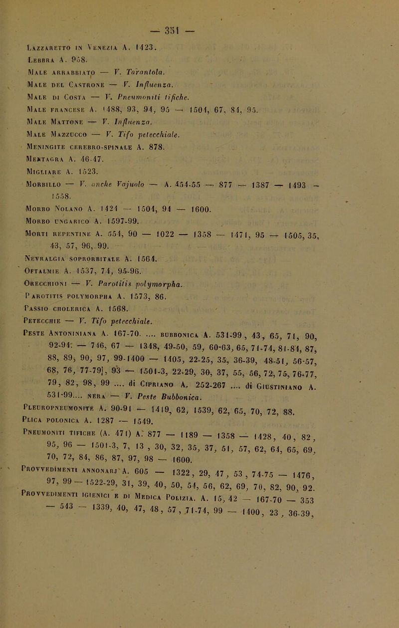 Lazzaretto in Venezia A. 1423. Lebbra A. 068. Male: arrabbiato — V. Tarantola. Male del Castrone — V. Influenza. Male di Costa — F. Pneumonili tifiche. Male francese A. < 488, 93, 94, 95 — 1504, 67, 84, 95. Male Mattone — V. Influenza. Male Mazzucco — V. Tifo petecchiale. Meningite cerebro-spinale A. 878. Mentagra A. 46-47. Migliare A. 1523. Morbillo — V. anche Vajuolo — A. 454-55 — 877 — 1387 — 1493 — 1558. Morbo Nolano A. 1424 — 1504, 94 — 1600. Morbo ungarico A. 1597-99. Morti repentine A. G54, 90 — 1022 — 1358 — 1471, 95 — 1505, 35, 43, 57, 96,-99. Nevralgia soprorbitale A. 1564. Oftalmie A. 1537, 7 4, 95-96. Orecchioni — V. Parolitis polymorpha. P arotitis polymorpha A. 1573, 86. Passio cholerica A. 1568. Petecchie — V. Tifo petecchiale. Peste Antoniniana A. 167-70 bubbonica A. 531-99, 43, 65, 71, 90, 92-94: — 746, 67 — 1348, 49-50, 59, 60-63, 65, 71-74, 81-84, 87, 88, 89, 90, 97, 99-1400 — 1405, 22-25, 35, 36-39, 48-51, 56-57, 68, 76, 77-79], 93 — 1501-3, 22-29, 30, 37, 55, 56, 72, 75, 76-77, 79, 82, 98, 99 .... di Cipriano A. 252-267 .... di Giustiniano \. 531-99.... nera — V. Peste Bubbonica. Pleuropneumonite A. 90-91 — 1419, 62, 1539, 62, 65, 70, 72, 88. Plica polonica A. 1287 — 1549. Pneumoniti tifiche (A. 471) A.' 877 — I 189 — 1358 — 1428, 40, 82. 95, 96 - 1501-3, 7, 13 , 30, 32, 35, 37, 51, 57, 62, 64, 65, 69 ! 70, 72, 84, 86, 87, 97, 98 — 1600. Provvedimenti annonaria. 605 - 1322, 29, 47 , 53 , 74-75 - 1476, J7, 99 — 1522-29, 31, 39, 40, 50, 54, 56, 62, 69, 70, 82, 90, 92 Provvedimenti igienici e d. Medica Polizia. A. 15, 42 - 167-70 - 353 - 543 - 1339, 40, 47, 48, 57 , 71-74, 99 - 1400, 23 , 36-39,