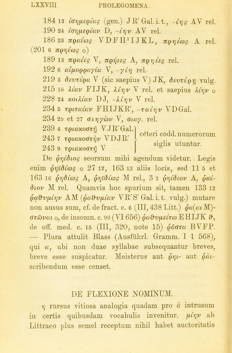 184 13 farjusQLug (gen.) J R' Gal. i. t., -irjg AY rei. 190 24 Lfjrj^iEQLav D, -Lrjv AY rei. 186 23 TiQUEag VDFH4IJKL, jrpr/acog A rei. (201 6 itQrjacog o) 189 13 TtQuaag V, itQijaag A, jtgrjaag rei. 192 6 cdyiOQQayLU V, -yarj rei. 219 3 davxaQu Y (sic saepius V) JK, davxayrj vulg. 215 18 Uav FI JK, Xir\v Y rei. et saepius lix\v o 228 24 xolIluv DJ, -Xcriv V rei. 234 5 TQLTcUciv FHIJKR', -xatrjv \rDGal. 234 25 et 27 (SLrjycov V, 6iay. rei. 239 4 tQiaxofSxfi VJR'Gal. 243 7 XQLaxotixriv YDJR' 243 9 XQLttxotixfi Y De Qriidiog seorsum mihi agendum videtur. Legis enim (jrjldiag o 27 12; 163 13 aliis locis, sed 11 5 et 163 16 QrjdLcsg A, (jrjldiag M rei., 3 2 A, pat- diov M rei. Quamvis hoc spurium sit, tamen 133 12 qcc^v^ltjv AM (qu&viiCuv YR'S' Gal. i. t. vulg.) mutare non ausus sum, cf. de fract. c. 6 (III, 438 Litt.) qu(cu M)- axavut o, de insomn. c. 90 (YI 656) (jcid-vfiELXco E HI JK de off. med. c. 15 (III, 320, note 15) qccGxci BVFP. — Plura attulit Blass (Ausfuhrl. Gramm. I 1 568), qui cc, ubi non duae syllabae subsequantur breves, breve esse suspicatur. Meisterus aut qtjl- aut pat- scribendum esse censet. ceteri codd. numerorum siglis utuntur. DE FLEXIONE NOMINUM. rj rursus vitiosa analogia quadam pro a intrusum in certis quibusdam vocabulis invenitur, furjv ab Littraeo plus semel receptum nihil habet auctoritatis