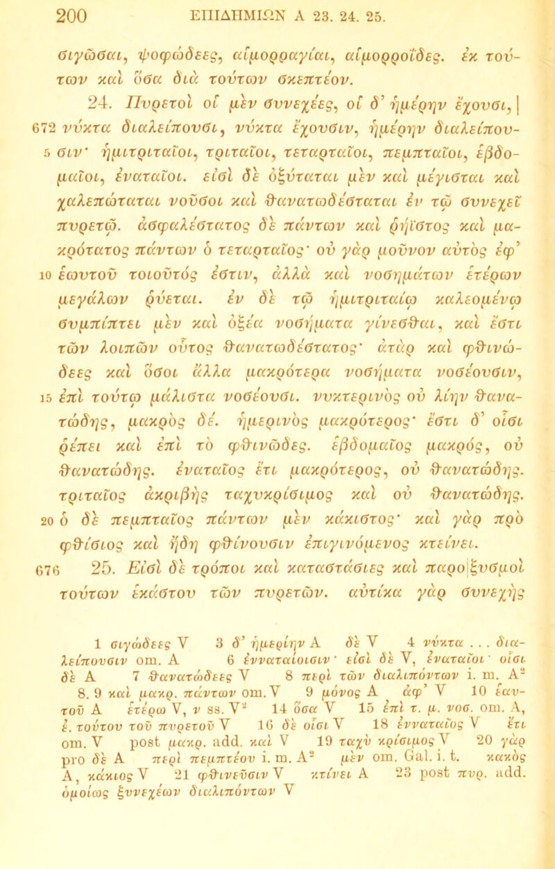 GiywGai, ^ocpcbdsEg, aipoQgayiai, atpoQQoideg. £x xov- xcov xal oGa dia xovxcov Gxeitxtov. 24. IIvQEXol 01 liev 0VVE%£Eg, oi d' l]p£Qr]V £%ovGi, | 672 vvxxu diaXEiTtovGi, vvxxa £%ovGiv, 'fjn^grjv diak£Lnov- 5 6iv r}[iixQixaioi, xgixaioi, xfxagxaioi, TtEyntxuioi, £[ido- fitttot, ivaxaioi. £igI de 6£t5rarat fiev peyiGxai xal yaXEitcoxaxai vovGoi xal &avaxcodeGxaxai £v xd> gvve%£l TtvQEXco. aGcpaXeGxaxog de Ttavxcov xal grfiGxog xal pa- xgbxaxog Ttavxcov 6 xexagxaiog* ov yag povvov avxog £cp’ io ecjvxov xoiovxog £6xiv, aXXa xal voGrjfidtcov exegcov ueyccXcov gvExai. £v de xco rpuxQixaia xaXsopsvco GvfiitiTtxEi pEv xal d|e'a voGijpaxa yivfG&ai, xal eGxl xibv Xoiftibv ovxog ftuvaxcodeGxaxog‘ axdg xal cpfrivcb- d££g xal oGoi uXXa paxQOXEgu voGrpiaxa voGeovGiv, 15 ini xovxa paXiGxu voGeovGi. vvxxEQivog ov Xh]v &ava- xcodrjg, uaxgbg de. rjpEQivog [luxQuxEQog‘ eGxi d’ oiGi Q£7t£i xal eitl xo cpd-iviobEg. efidopuiog fiaxg6g, ov ftavaxcodr]g. evaxaiog hi /.laxgdxEpog, ov &avaxcbdrjg. xgixatog axQilirjg xa^vxgiGipog xal ov d-avaxad^g. 20 6 d£ TtEpitxaiog Ttavxcov (iev xaxiGxog’ xal ydg Ttgb cp&iGiog xal rjd?] cp&ivovGiv ETtiyivopEvog xxelvei. 676 25. EigI de xgoTtoi xal xcaaGxaGiEg xal JtaQo\^vG(iol xovxcov txccGxov xibv tcvqsxgov. uvxixa ydg GvveyJjg 1 aiymSees V 3 5’ fj^sgiriv A As Y 4 vvnxa ... Siu- leinovaiv om. A 6 ivvaxaioioiv tloi As V, ivaxaioi' oici A4 A 7 &avaxmdees V 8 negl x&v Siulmovxcov i. m. A1 2 8. 9 nal fiang. Ttavxcov om.Y 9 flovog A acp’ V 10 tav- xov A sxbqco V, v ss. V2 14 ooa V 15 ini x. fi. voo. om. A, i.xovxov xov tcvqsxov V 16 As ofoiV 18 ivvuxuios V £xi om. V post fianQ. add. xal V 19 xa%v xpiVifiosV 20 yap pro As A jrspl nepnxiov i. m. A2 psv om. Gal. i. t. nanos A, namog V 21 cpfhvevaiv V nxivti A 23 post uvq. add. ofioicos £vvt%ecjv Siahnovxcov V