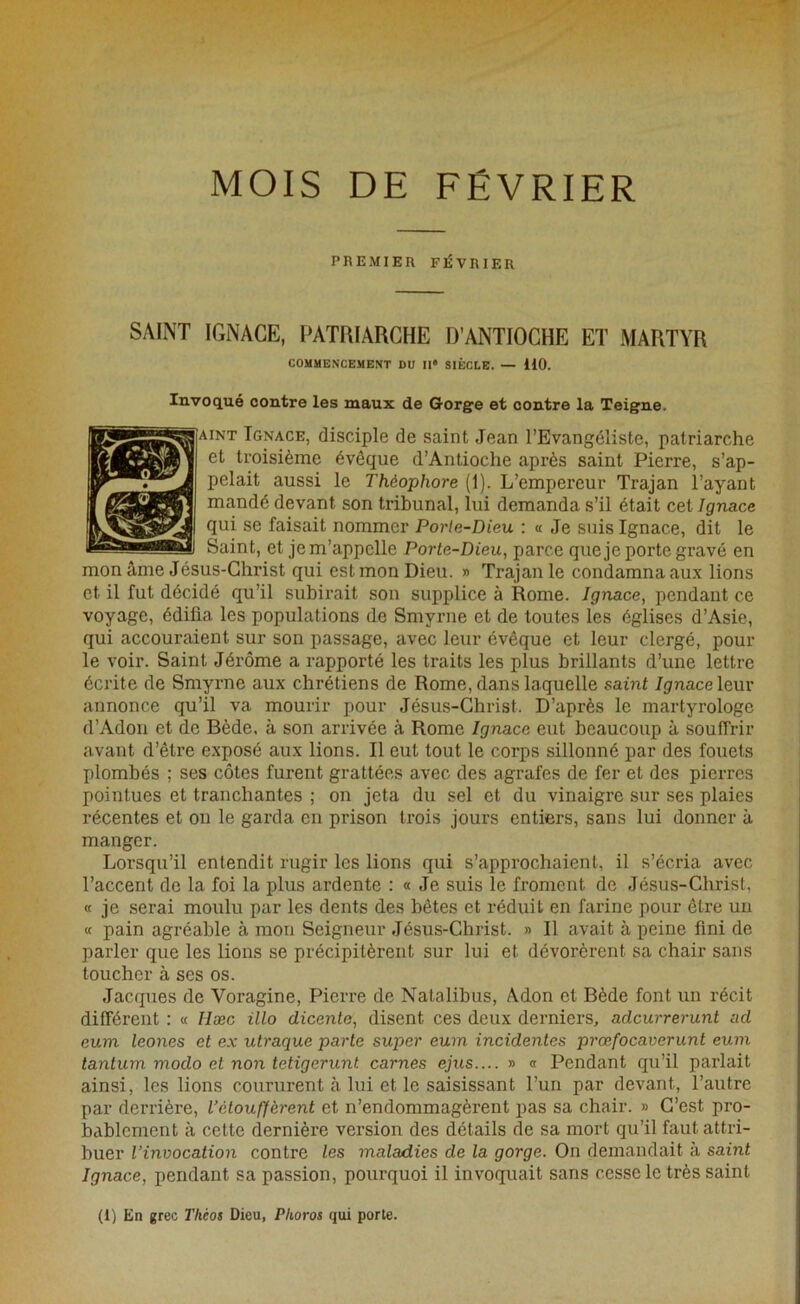 MOIS DE FÉVRIER PREMIER FÉVRIER SAINT IGNACE, PATRIARCHE D’ANTIOCHE ET MARTYR COMMENCEMENT DU H* SIÈCLE. — HO. Invoqué contre les maux de Gorge et contre la Teigne. BKjSHjAiNT Ignace, disciple de saint Jean l’Evangéliste, patriarche jfoÆ j| et troisième évêque d’Antioche après saint Pierre, s’ap- pelait aussi le Théophore (1). L’empereur Trajan l’ayant mandé devant son tribunal, lui demanda s’il était cet Ignace qui se faisait nommer Porte-Dieu : « Je suis Ignace, dit le ■Bul Saint, et je m’appelle Porte-Dieu, parce que je porte gravé en mon âme Jésus-Christ qui est mon Dieu. » Trajan le condamna aux lions et. il fut décidé qu’il subirait son supplice à Rome. Ignace, pendant ce voyage, édifia les populations de Smyrne et de toutes les églises d’Asie, qui accouraient sur son passage, avec leur évêque et leur clergé, poul- ie voir. Saint Jérôme a rapporté les traits les plus brillants d’une lettre écrite de Smyrne aux chrétiens de Rome, dans laquelle saint Ignace leur annonce qu’il va mourir pour Jésus-Christ. D’après le martyrologe d’Adon et de Bède, à son arrivée à Rome Ignace eut beaucoup à souffrir avant d’être exposé aux lions. Il eut tout le corps sillonné par des fouets plombés ; ses côtes furent grattées avec des agrafes de fer et des pierres pointues et tranchantes ; on jeta du sel et du vinaigre sur ses plaies récentes et on le garda en prison trois jours entiers, sans lui donner à manger. Lorsqu’il entendit rugir les lions qui s’approchaient, il s’écria avec l’accent de la foi la plus ardente : « Je suis le froment de Jésus-Christ, « je serai moulu par les dents des bêtes et réduit en farine pour être un « pain agréable à mon Seigneur Jésus-Christ. » Il avait à peine fini de parler que les lions se précipitèrent sur lui et dévorèrent sa chair sans toucher à ses os. Jacques de Voragine, Pierre de Natalibus, Adon et Bède font un récit différent : « Hæc illo dicente, disent ces deux derniers, adeurrerunt ad eum leones et ex utraque parte super eum incidentes prœfocaverunt eum tantum modo et non tetigerunt carnes ejus » « Pendant qu’il parlait ainsi, les lions coururent à lui et le saisissant l’un par devant, l’autre par derrière, l’étouffèrent et n’endommagèrent pas sa chair. » C’est pro- bablement à celte dernière version des détails de sa mort qu’il faut attri- buer l’invocation contre les maladies de la gorge. On demandait à saint Ignace, pendant sa passion, pourquoi il invoquait sans cesse le très saint (i) En grec Théos Dieu, Phoros qui porte.
