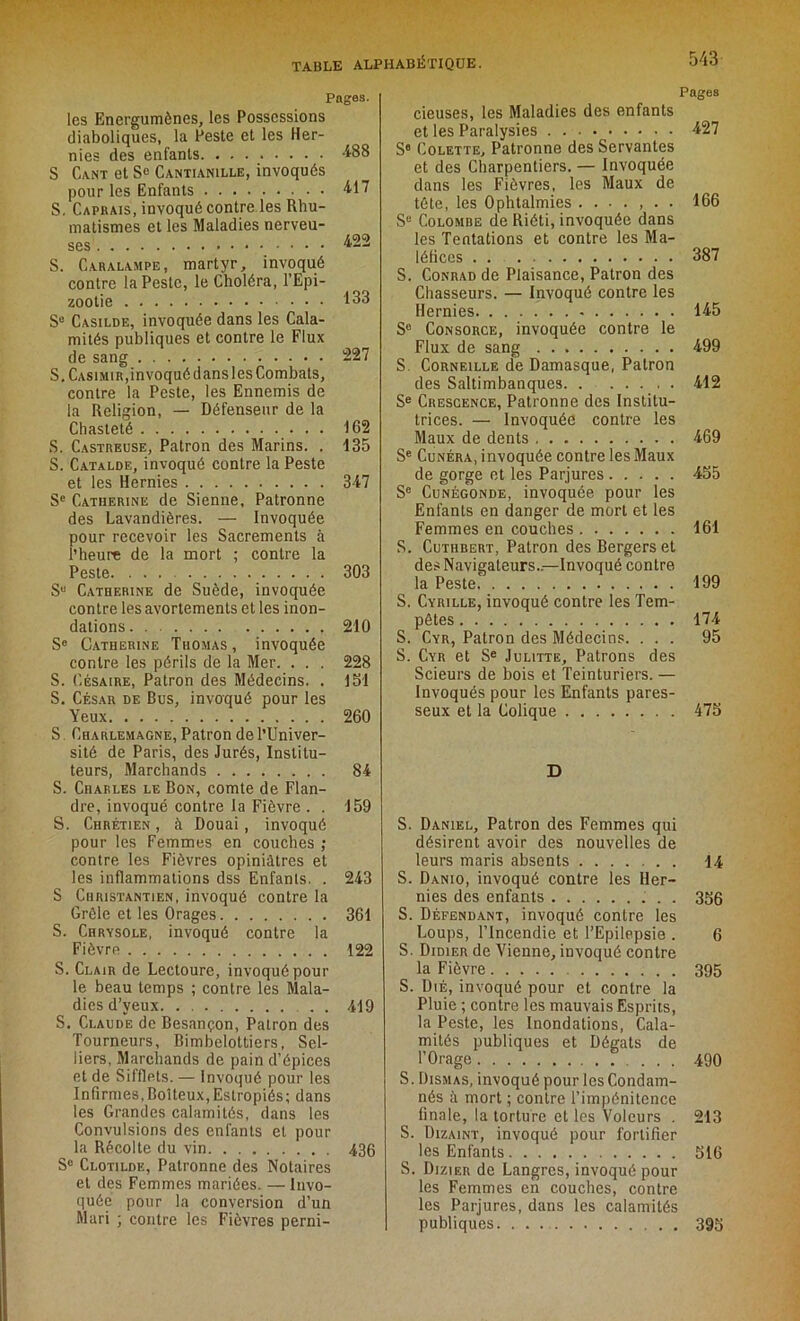 Pages. les Energumônes, les Possessions diaboliques, la Peste et les Her- nies des enfants 488 S Cant et S« Cantianille, invoqués pour les Enfants 417 S. Caprais, invoqué contre les Rhu- matismes et les Maladies nerveu- S. Caralampe, martyr, invoqué contre la Peste, le Choléra, l’Epi- zootie 133 Se Casilde, invoquée dans les Cala- mités publiques et contre le Flux de sang 227 S. Casimir,invoqué dans les Combats, contre la Peste, les Ennemis de la Religion, — Défenseur de la Chasteté 162 S. Castreuse, Patron des Marins. . 135 S. Catalde, invoqué contre la Peste et les Hernies 347 Se Catherine de Sienne, Patronne des Lavandières. — Invoquée pour recevoir les Sacrements à l’heure de la mort ; contre la Peste. ... 303 S“ Catherine de Suède, invoquée contre les avortements et les inon- dations 210 Se Catherine Tuomas, invoquée contre les périls de la Mer. . . . 228 S. Césaire, Patron des Médecins. . 151 S. César de Bus, invoqué pour les Yeux 260 S Charlemagne, Patron de l’Univer- sité de Paris, des Jurés, Institu- teurs, Marchands 84 S. Charles le Bon, comte de Flan- dre, invoqué contre la Fièvre . . 159 S. Chrétien, à Douai, invoqué pour les Femmes en couches ; contre les Fièvres opiniâtres et les inflammations dss Enfants. . 243 S Christantien, invoqué contre la Grêle et les Orages 361 S. Chrysole, invoqué contre la Fièvre 122 S. Clair de Lectoure, invoqué pour le beau temps ; contre les Mala- dies d’yeux . . 419 S. Claude de Besançon, Patron des Tourneurs, Bimbelottiers, Sel- liers, Marchands de pain d’épices et de Sifflets. — Invoqué pour les Infirmes,Boiteux,Estropiés; dans les Grandes calamités, dans les Convulsions des enfants et pour la Récolte du vin 436 Se Clotilde, Patronne des Notaires et des Femmes mariées. — Invo- quée pour la conversion d’un Mari ; contre les Fièvres perni- Pages cieuses, les Maladies des enfants et les Paralysies 427 S« Colette, Patronne des Servantes et des Charpentiers. — Invoquée dans les Fièvres, les Maux de tête, les Ophtalmies ....... 166 Se Colombe de Riôti, invoquée dans les Tentations et contre les Ma- léfices . . 387 S. Conrad de Plaisance, Patron des Chasseurs. — Invoqué contre les Hernies 145 Se Consorce, invoquée contre le Flux de sang 499 S Corneille de Damasque, Patron des Saltimbanques 412 Se Crescence, Patronne des Institu- trices. — Invoquée contre les Maux de dents 469 Se Cunéra, invoquée contre les Maux de gorge et les Parjures 455 Se Cunégonde, invoquée pour les Enfants en danger de mort et les Femmes en couches 161 S. Cuthbert, Patron des Bergers et des Navigateurs..—Invoqué contre la Peste.' 199 S. Cyrille, invoqué contre les Tem- pêtes 174 S. Cyr, Patron des Médecins. ... 95 S. Cyr et Se Julitte, Patrons des Scieurs de bois et Teinturiers. — Invoqués pour les Enfants pares- seux et la Colique 475 D S. Daniel, Patron des Femmes qui désirent avoir des nouvelles de leurs maris absents 14 S. Danio, invoqué contre les Her- nies des enfants 366 S. Défendant, invoqué contre les Loups, l’Incendie et l’Epilepsie . 6 S. Didier de Vienne, invoqué contre la Fièvre ....... 395 S. Dié, invoqué pour et contre la Pluie ; contre les mauvais Esprits, la Peste, les Inondations, Cala- mités publiques et Dégâts de l’Orage ... 490 S. Dismas, invoqué pour les Condam- nés à mort ; contre l’impénitence finale, la torture et les Voleurs . 213 S. Dizaint, invoqué pour fortifier les Enfants 516 S. Dizier de Langres, invoqué pour les Femmes en couches, contre les Parjures, dans les calamités publiques 395