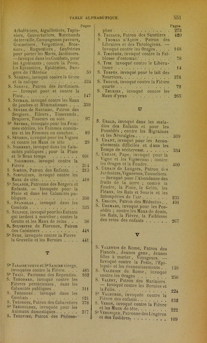 Pages Arbalétriers, Aiguilletiers, Tapis- siers, Couverturiers, Marchands de ferraille, Compagnons paveurs, Grainetiers, Vergettiers, Bros- siers , Raquetliers , Confréries pour porter les Morts, Jardiniers. — Invoqué dans les Combats, poul- ies Agonisants ; contre la Peste, les Epizooties, Epidémies, Dan- gers de l’Hérésie 59 S. 'Serênic, invoqué contre la fièvre et la colique 334 S. Serneu, Patron des Jardiniers. — invoqué pour et contre la Pluie ...... 147 S. Sevrais, invoqué contre les Maux de jambes et Rhumatismes . . . 359 S. Sévère de Ravenne, Patron des Sergiers, Fileurs , Tisserands, Drapiers, Tisseurs en soie ... 97 Se Sévère, invoquée pour les Fem- mes stériles, les Femmes encein- tes et les Femmes en couches. . 89 S. Sèverin, invoqué pour les Vignes et contre les Maux de tête ... 29 S. Sigebert, invoqué dans les Cala- mités publiques ; pour la Pluie et le Beau temps 101 S. Sigismond, invoqué contre la Fièvre 314 S Simèon, Patron des Enfants. . . 213 S. Simplicien, invoqué contre les Maux de tête 418 Se Solange, Patronne des Bergers et Enfants. — Invoquée pour la Pluie et dans les Calamités pu- bliques 350 S. Stanislas , invoqué dans les Combats 335 S. Sulpice, invoquépourlesEnlants qui lardent à marcher ; contre la Goutte et les Maux de reins ... 56 B. Sylvestre de Florence, Patron des Cuisiniers 448 Se Syre. invoquée contre la Pierre la Gravelle et les Hernies .... 441 Pages. plies . 273 S. Thibaud, Patron des Savetiers . 420 S Thomas d’Aquin , Patron des Libraires et des Théologiens. — Invoqué contre les Orages. ... 168 S. Timothée, invoqué contre la Fai- blesse d’estomac.’ 78 S. Tite invoqué contre le Libéra- lisme 14 S. Torpès, invoqué pour le lait des Nourrices 378 S. Trouvé, invoqué contre la Fièvre quarte ... . . ...... 72 S. Thuribe, invoqué contre les Maux d’yeux 265 U S. Ubald, invoqué dans les mala- dies des Enfants et pour les Possédés ; contre les Migraines et les Névralgies \ . . . 369 S Udant, invoqué pour les Accou- chements difficiles et dans les Temps de sécheresse 354 S. Urbain, Pape, invoqué pour la Vigne et les Vignerons ; contre les Orages et la Foudre. .... 400 S. Urbain de Langres, Patron dus Jardiniers, Vignerons, Tonneliers. — Invoqué pour l’Abondance des fruits de la terre ; contie la Foudre, la Pluie, la Gelée, les Fléaux, les Rats et Souris et les Intempéries de l’air 235 S. Ursicin, Patron des Médecins. . 491 S. Ursmars, invoqué pour les Pos- sédés ; contre les Maux de dents, les Rats, la Fièvre, la Faiblesse des reins des enfants 267 V T Se Taraise veuve et S«Sanche vierge, invoquées contre la Fièvre. . . . 485 Se Thaïs, Patronne des Repenties. 162 S. Théodard, invoqué contre les Fièvres pernicieuses, dans les Calamités publiques . . .311 S. Théodore , invoqué dans les Combats 124 S. Théodote, Patron des Cabareliers 378 Se Théodulphe, invoquée pour les Animaux domestiques . ..... 317 S. Tiiéotime, Patron des Philoso- S. Valentin de Rome, Patron des Fiancés, Jeunes gens, Jeunes filles à marier, Voyageurs. — Invoqué contre la Peste, l’Epi- le psi h et les évanouissements . 139 S. Valèrien de Rome, invoqué contre les Orages . 256 S. Valéry, Patron des Mariniers. ■— Invoqué contre les Hernies et Ici FO1I6. ... * 224 ^y^LBURGE, invoquée contre la Fièvre des enfants jgg S. Véron, invoqué contre la Fièvre et les Maux de tête 222 Sc Véronique, Patronne des Lingères et des Toilières 109