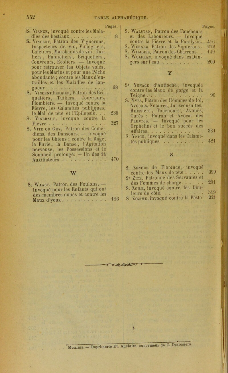 Pages. ! S. Viance, invoqué contre les Mala- dies des bestiaux 8 j S. Vincent, Patron des Vignerons, Inspecteurs de vin, Vinaigriers, Cafetiers, Marchands de vin, Tui- liers , Pannetiers , Briquetiers , Couvreurs, Ecoliers — Invoqué pour retrouver les Objets volés, pour les Marins et pour une Pêche abondante ; contre les Maux d’en- trailles et les Maladies de lan- gueur S. Vincent Feiuuer, Patron des Bri- quetiers, Tuiliers, Couvreurs, Plombiers. — Invoqué contre la Fièvre, les Calamités publiques, le Mal de tête et l’Epilepsie. . . 238 S. Vinebaut , invoqué contre la Fièvre 227 S. Vite ou Guy, Patron des Comé- diens, des Danseurs. — Invoqué pour les Chiens ; contre la Rage, la Furie, la Danse, l’Agitation nerveuse, les Possessions et le Sommeil prolongé. — Un des 14 Auxiliateurs 470 Pages. S. Walstan, Patron des Faucheurs et des Laboureurs. — Invoqué contre la Fièvre et la Paralysie. 410 S. Werner, Patron des Vignerons . 272 S. Wiligise, Patron des Charrons. . 149 S. Wulfran, invoqué dans les Dan- gers sur l’eau 200 Y gg j S® Ygnace d’Antioche, invoquée contre les Maux de gorge et la Teigne . . 96 S. Yves, Patron des Hommes de loi. Avocats, Notaires, Jurisconsultes, Huissiers , Tourneurs , Avoués, Curés ; Patron et Avocat des Pauvres. — Invoqué pour les Orphelins et le bon succès des Affaires 381 S. Ynigo, invoqué dans les Calami- tés publiques 421 Z W S. Waast, Patron des Foulons. — Invoqué pour les Enfants qui ont, des membres noués et contre les Maux d’yeux 416 S. Zénobe de Florence, invoqué contre les Maux de tête 399 S° Zite, Patronne des Servantes et des Femmes de charge 291 S. Zoile, invoqué contre les Dou- leurs de côté 619 S Zozime, invoqué contre la Peste. 221 -ï— * Moulins. - Imprimerie Et. Auclaire, successeur de C. Desrosier»