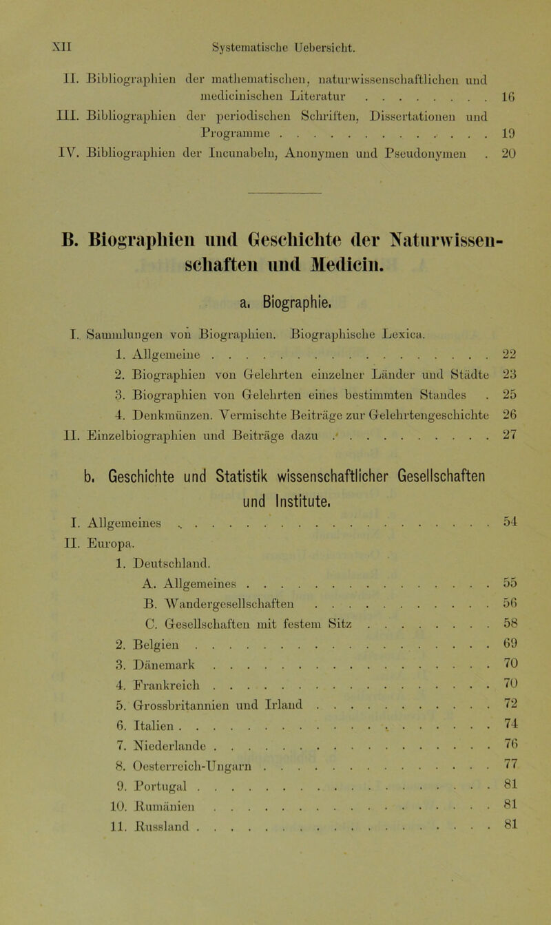 II. Bibliographien der mathematischen, naturwissenschaftlichen und medicinischen Literatur 16 III. Bibliographien der periodischen Schriften, Dissertationen und Programme 19 IV. Bibliographien der Incunabeln, Anonymen und Pseudonymen . 20 B. Biographien und Geschichte der Naturwissen- schaften und Medicin. a, Biographie, T. Sammlungen von Biographien. Biographische Lexica. 1. Allgemeine 22 2. Biographien von Gelehrten einzelner Länder und Städte 23 3. Biographien von Gelehrten eines bestimmten Standes . 25 4. Denkmünzen. Vermischte Beiträge zur Gelehrtengeschichte 26 II. Einzelbiographien und Beiträge dazu .' 27 b, Geschichte und Statistik wissenschaftlicher Gesellschaften und Institute. I. Allgemeines 54 II. Europa. 1. Deutschland. A. Allgemeines 55 B. Wandergesellschaften 56 C. Gesellschaften mit festem Sitz 58 2. Belgien 69 3. Dänemark 70 4. Frankreich 70 5. Grossbritannien und Irland 72 6. Italien 74 7. Niederlande 76 8. Oesterreich-Ungarn 77 9. Portugal 81 10. Rumänien 81 11. Russland 81