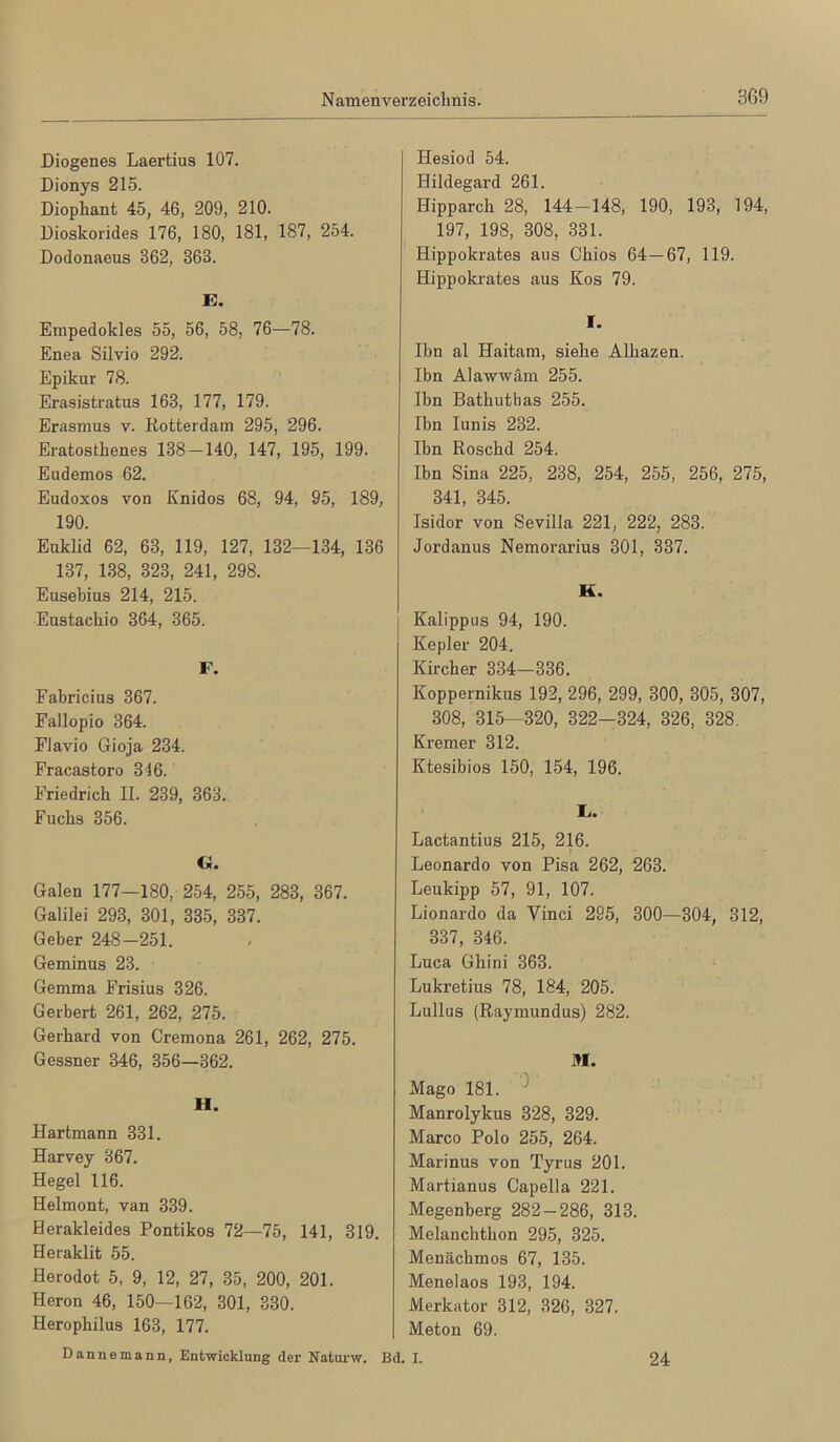 Diogenes Laertius 107. Dionys 215. Diophant 45, 46, 209, 210. Dioskorides 176, 180, 181, 187, 254. Dodonaeus 362, 363. E. Empedokles 55, 56, 58, 76—78. Enea Silvio 292. Epikur 78. Erasistratus 163, 177, 179. Erasmus v. Rotterdam 295, 296. Eratosthenes 138-140, 147, 195, 199. Eudemos 62. Eudoxos von Knidos 68, 94, 95, 189, 190. Euklid 62, 63, 119, 127, 132—134, 136 137, 138, 323, 241, 298. Eusebius 214, 215. Eustachio 364, 365. F. Fabricius 367. Fallopio 364. Fiavio Gioja 234. Fracastoro 346. Friedrich II. 239, 363. Fuchs 356. Cjt« Galen 177—180, 254, 255, 283, 367. Galilei 293, 301, 335, 337. Geber 248—251. Geminus 23. Gemma Frisius 326. Gerbert 261, 262, 275. Gerhard von Cremona 261, 262, 275. Gessner 346, 356—362. H. Hartmann 331. Harvey 367. Hegel 116. Helmont, van 339. Herakleides Pontikos 72—75, 141, 319. Heraklit 55. Herodot 5, 9, 12, 27, 35, 200, 201. Heron 46, 150—162, 301, 330. Herophilus 163, 177. Dannemann, Entwicklung der Natui'w. ] Hesiod 54. Hildegard 261. Hipparch 28, 144-148, 190, 193, 194, 197, 198, 308, 331. Hippokrates aus Chios 64—67, 119. Hippokrates aus Kos 79. I. Ibn al Haitam, siehe Alhazen. Ibn Alawwäm 255. Ibn Bathuthas 255. Ibn lunis 232. Ibn Roschd 254. Ibn Sina 225, 238, 254, 255, 256, 275, 341, 345. Isidor von Sevilla 221, 222, 283. Jordanus Nemorarius 301, 337. K. Kalippus 94, 190. Kepler 204. Kircher 334-336. Koppernikus 192, 296, 299, 300, 305, 307, 308, 315—320, 322—324, 326, 328. Kremer 312. Ktesibios 150, 154, 196. li. Lactantius 215, 216. Leonardo von Pisa 262, 263. Leukipp 57, 91, 107. Lionardo da Vinci 295, 300—304, 312, 337, 346. Luca Ghini 363. Lukretius 78, 184, 205. Lullus (Raymundus) 282. M. Mago 181. ^ Manrolykus 328, 329. Marco Polo 255, 264. Marinus von Tyrus 201. Martianus Capelia 221. Megenberg 282 — 286, 313. Melanchthon 295, 325. Menächmos 67, 135. Menelaos 193, 194. Merkator 312, 326, 327. Meton 69. I. I. 24