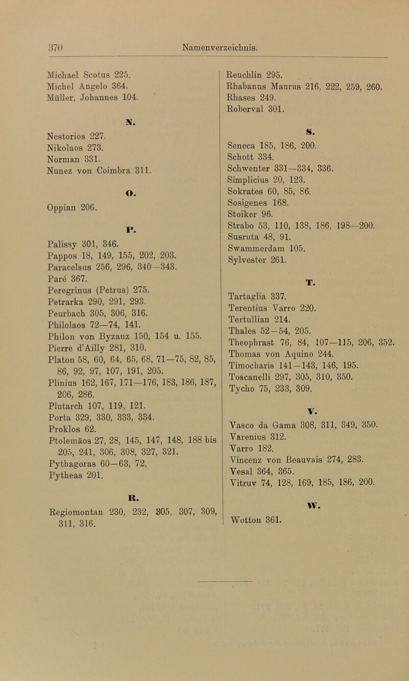 Michael Scotus 225. Michel Angele 364. Müller, Johannes 104. N. Nestorios 227. Nikolaos 273. Norman 331. Nunez von Coimbra 311. O. Oppian 206. P. Palissy 301, 346. Pappos 18, 149, 155, 202, 203. Paracelsus 256, 296, 340—343. Parö 367. Peregrinus (Petrus) 275. Petrarka 290, 291, 293. Peurbach 305, 306, 316. Philolaos 72-74, 141. Philon von Byzanz 150, 154 u. 155. Pierre d’Ailly 281, 310. Platon 58, 60, 64, 65, 68, 71-75, 82, 85, 86, 92, 97, 107, 191, 205. Plinius 162, 167, 171-176, 183, 186, 187, 206, 286. Plutarch 107, 119, 121. Porta 329, 330, 333, 334. Proklos 62. Ptolemäos 27, 28, 145, 147, 148, 188 bis 205, 241, 306, 308, 327, 321. Pythagoras 60—63, 72. Pytheas 201. R. Regiomontan 230, 232, 305, 307, 309, 311, 316. Reuchlin 295. Rhabanns Maurus 216, 222, 259, 260. Rhases 249. Roherval 301. S. Seneca 185, 186, 200. Schott 334. Schwenter 331—334, 336. Simplicius 20, 123. Sokrates 60, 85, 86. Sosigenes 168. Stoiker 96. Strabo 53, 110, 138, 186, 198—200. Susruta 48, 91. Swammerdam 105. Sylvester 261. T. Tartaglia 337. Terentius Varro 220. Tertullian 214. Thaies 52-54, 205. Theophrast 76, 84, 107—115, 206, 352. Thomas von Aquino 244. Timocliaris 141—143, 146, 195. Toscanelli 297, 305, 310, 350. Tycho 75, 233, 309. V. Vasco da Gama 308, 311, 349, 350. Varenius 312. Varro 182. Vincenz von ßeauvais 274, 283. Vesal 364, 365. Vitruv 74, 128, 169, 185, 186, 200. W. Wotton 361.