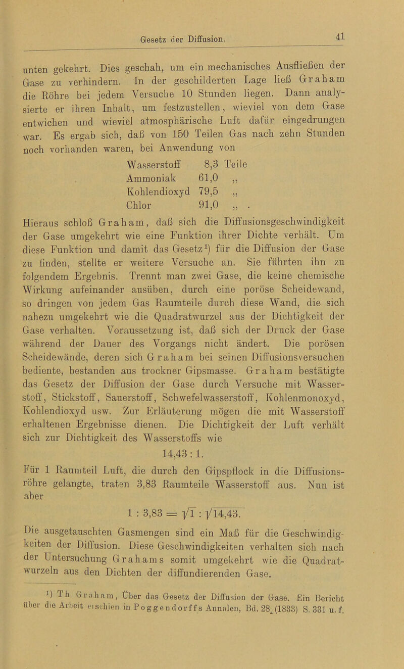 Gesetz der Diffusion. unten gekehrt. Dies geschah, um ein mechanisches Ausfließen der Gase zu verhindern. In der geschilderten Lage ließ Graham die Röhre bei jedem Versuche 10 Stunden liegen. Dann analy- sierte er ihren Inhalt, um festzustellen, wieviel von dem Gase entwichen und wieviel atmosphärische Luft dafür eingedrungen war. Es ergab sich, daß von 150 Teilen Gas nach zehn Stunden noch vorhanden waren, bei Anwendung von Wasserstoff 8,3 Teile Ammoniak 61,0 ,, Kohlendioxyd 79,5 „ Chlor 91,0 „ . Hieraus schloß Graham, daß sich die Diffusionsgeschwindigkeit der Gase umgekehrt wie eine Funktion ihrer Dichte verhält. Um diese Funktion und damit das Gesetz1) für die Diffusion der Gase zu finden, stellte er weitere Versuche an. Sie führten ihn zu folgendem Ergebnis. Trennt man zwei Gase, die keine chemische Wirkung aufeinander ausüben, durch eine poröse Scheidewand, so dringen von jedem Gas Raumteile durch diese Wand, die sich nahezu umgekehrt wie die Quadratwurzel aus der Dichtigkeit der Gase verhalten. Voraussetzung ist, daß sich der Druck der Gase während der Dauer des Vorgangs nicht ändert. Die porösen Scheidewände, deren sich Graham bei seinen Diffusionsversuchen bediente, bestanden aus trockner Gipsmasse. Graham bestätigte das Gesetz der Diffusion der Gase durch Versuche mit Wasser- stoff, Stickstoff, Sauerstoff, Schwefelwasserstoff, Kohlenmonoxyd, Kohlendioxyd usw. Zur Erläuterung mögen die mit Wasserstoff erhaltenen Ergebnisse dienen. Die Dichtigkeit der Luft verhält sich zur Dichtigkeit des Wasserstoffs wie 14,43 :1. Für 1 Raumteil Luft, die durch den Gipspflock in die Diffusions- röhre gelangte, traten 3,83 Raumteile Wasserstoff aus. Nun ist aber 1 : 3,83 = | 1 : |; 14,43. Die ausgetauschten Gasmengen sind ein Maß für die Geschwindig- keiten der Diffusion. Diese Geschwindigkeiten verhalten sich nach der hntersuchung Grahams somit umgekehrt wie die Quadrat- wurzeln aus den Dichten der diffundierenden Gase. J) 1 1) Graham, Über das Gesetz der Diffusion der Gase. Ein Bericht über die Arbeit eischien in Pogge n d orffs Annalen, Bd. 28^ (1833) S. 331 u. f.