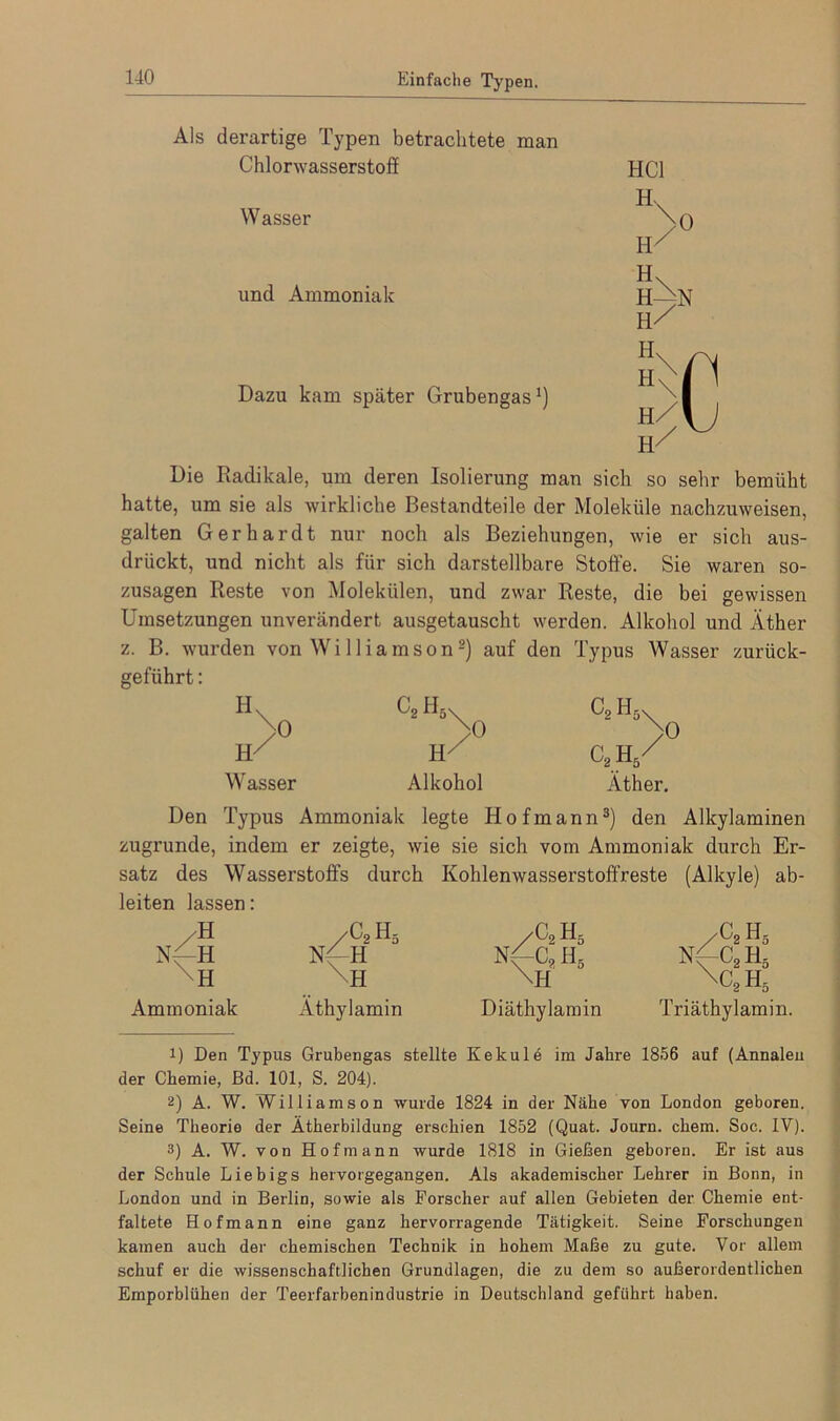 Einfache Typen. Als derartige Typen betrachtete man Chlorwasserstoff Wasser und Ammoniak Dazu kam später Grubengas!) HCl Die Radikale, um deren Isolierung man sich so sehr bemüht hatte, um sie als wirkliche Bestandteile der Moleküle nachzuweisen, galten Gerhardt nur noch als Beziehungen, wie er sich aus- drückt, und nicht als für sich darstellbare Stoffe. Sie waren so- zusagen Reste von Molekülen, und zwar Reste, die bei gewissen Umsetzungen unverändert ausgetauscht werden. Alkohol und Äther z. B. wurden von Williamson* 2) auf den Typus Wasser zurück- geführt : H\ H> c2H5X C, H, \ 0 c2 H5' Den zugrunde satz des leiten lassen /H N<-H H Ammoniak 0 Wasser Alkohol Äther. Typus Ammoniak legte PIofmann3) den Alkylaminen indem er zeigte, wie sie sich vom Ammoniak durch Er- Wasserstoffs durch Kohlenwasserstoffreste (Alkyle) ab- /C2H5 N^H \H Äthylamin /C2H5 N^C, H5 Diäthylamin Triäthylamin. /C2H5 NfC2H5 \C2H5 1) Den Typus Grubengas stellte Kekule im Jahre 1856 auf (Annaleu der Chemie, Bd. 101, S. 204). 2) A. W. Will iamson wurde 1824 in der Nähe von London geboren. Seine Theorie der Ätherbildung erschien 1852 (Quat. Journ. ehern. Soc. IV). 3) A. W. von Hofmann wurde 1818 in Gießen geboren. Er ist aus der Schule Liebigs hervorgegangen. Als akademischer Lehrer in Bonn, in London und in Berlin, sowie als Forscher auf allen Gebieten der Chemie ent- faltete Hofmann eine ganz hervorragende Tätigkeit. Seine Forschungen kamen auch der chemischen Technik in hohem Maße zu gute. Vor allem schuf er die wissenschaftlichen Grundlagen, die zu dem so außerordentlichen Emporblühen der Teerfarbenindustrie in Deutschland geführt haben.