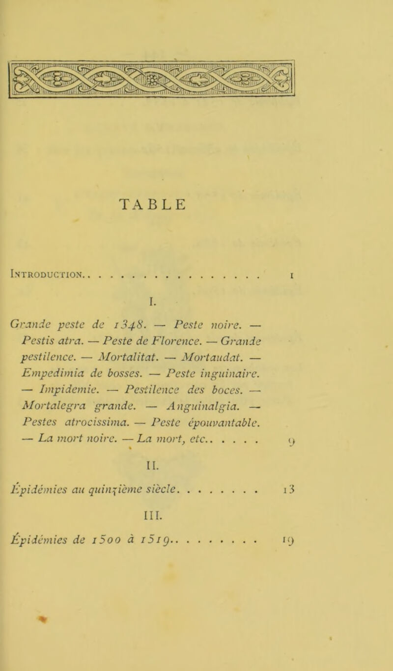 TABLE Introduction i I. Grande peste de 1348. — Peste noire. — Pestis atra. — Peste de Florence. — Grande pestilence. — Mortalitat. —• Mortaudat. — Empedimia de bosses. — Peste inguinaire. — Impidemie. — Pestilence des boces. — Mortalegra grande. — Anguinalgia. — Pestes atrocissima. — Peste épouvantable. — La mort noire. —La mort, etc <* % II. Lipidémies au quinzième siècle i3 III. Épidémies de i5oo à 1519 «0