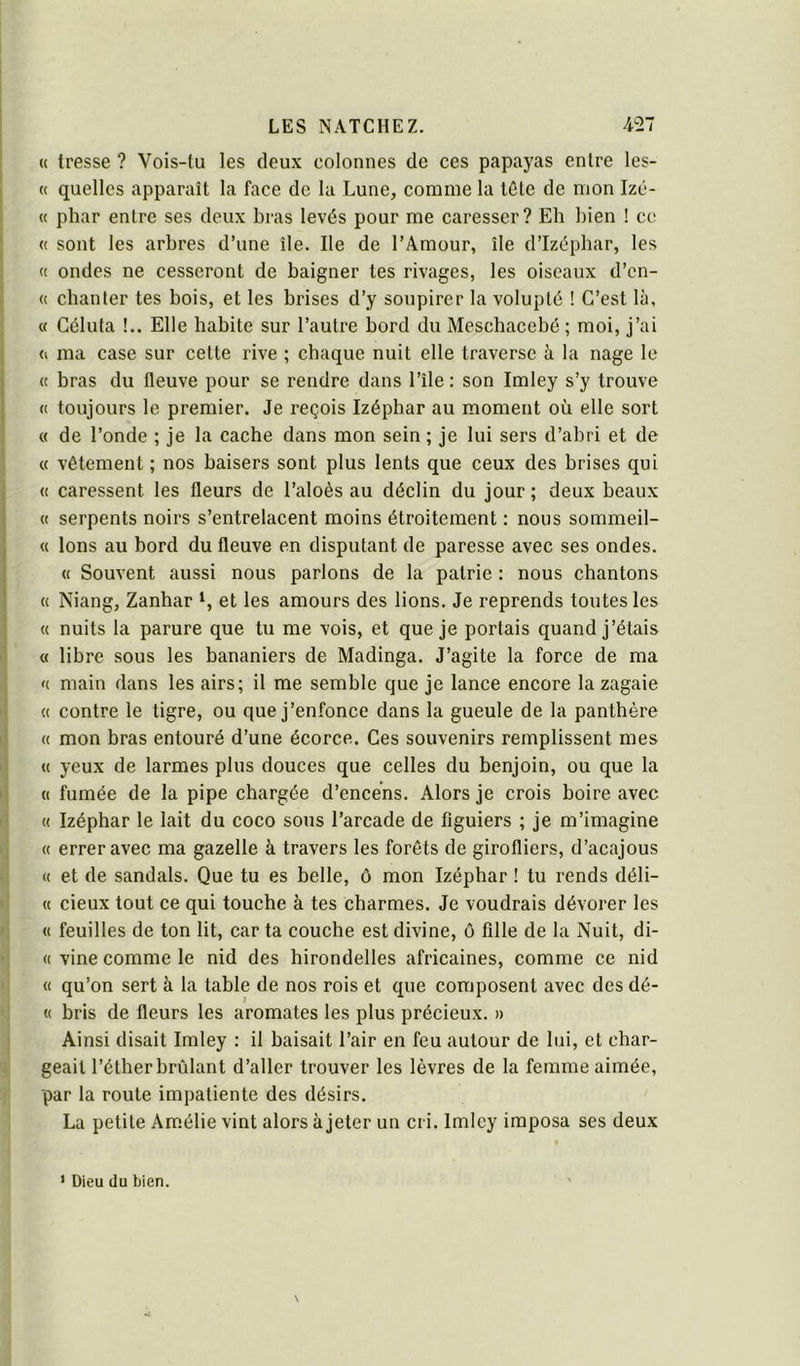 « tresse ? Vois-tu les deux colonnes de ces papayas entre les- « quelles apparaît la face de la Lune, comme la tôle de mon Izé- « phar entre ses deux bras levés pour me caresser? Eh bien ! ce « sont les arbres d’une île. Ile de l’Amour, île d’Izépbar, les « ondes ne cesseront de baigner tes rivages, les oiseaux d’en- « chanter tes bois, et les brises d’y soupirer la volupté ! C’est là, « Céluta !.. Elle habite sur l’autre bord du Meschacebé ; moi, j’ai (1 ma case sur cette rive ; chaque nuit elle traverse à la nage le (c bras du fleuve pour se rendre dans l’île : son Imley s’y trouve « toujours le premier. Je reçois Izéphar au moment où elle sort « de l’onde ; je la cache dans mon sein ; je lui sers d’abri et de « vêtement ; nos baisers sont plus lents que ceux des brises qui « caressent les fleurs de l’aloès au déclin du jour ; deux beaux « serpents noirs s’entrelacent moins étroitement : nous sommeil- « Ions au bord du fleuve en disputant de paresse avec ses ondes. « Souvent aussi nous parlons de la patrie : nous chantons « Niang, Zanhar et les amours des lions. Je reprends toutes les « nuits la parure que tu me vois, et que je portais quand j’étais « libre sous les bananiers de Madinga. J’agite la force de ma H main dans les airs; il me semble que je lance encore la zagaie (( contre le tigre, ou que j’enfonce dans la gueule de la panthère « mon bras entouré d’une écorce. Ces souvenirs remplissent mes « yeux de larmes plus douces que celles du benjoin, ou que la « fumée de la pipe chargée d’encens. Alors je crois boire avec « Izéphar le lait du coco sous l’arcade de figuiers ; je m’imagine « errer avec ma gazelle à travers les forêts de girofliers, d’acajous « et de sandals. Que tu es belle, ô mon Izéphar ! tu rends déli- te cieux tout ce qui touche à tes charmes. Je voudrais dévorer les « feuilles de ton lit, car ta couche est divine, ô fille de la Nuit, di- te vine comme le nid des hirondelles africaines, comme ce nid « qu’on sert à la table de nos rois et que eomposent avee des dé- te bris de fleurs les aromates les plus précieux. » Ainsi disait Imley : il baisait l’air en feu autour de lui, et char- geait l’éther brûlant d’aller trouver les lèvres de la femme aimée, par la route impatiente des désirs. La petite Amélie vint alors à jeter un cri. Imley imposa ses deux \ * Dieu du bien.