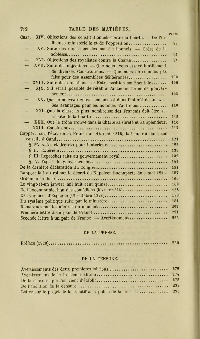 • PAGES Chap. XIV. Objections des constitutionnels contre la Charte.— De l’in- fluence ministérielle et de l’opposition 87 — XV. Suite des objections des constitutionnels. — Ordre de la noblesse 91 — XVI. Objections des royalistes contre la Charte 94 — XVII. Suite des objections. — Que nous avons essayé inutilement de diverses Constitutions. — Que nous ne sommes pas faits pour des assemblées délibérantes 100 — XVIII. Suite des objections. — Notre position continentale 102 — XIX. S’il serait possible de rétablir l’ancienne forme de gouver- nement 105 — XX. Que le nouveau gouvernement est dans l’intérêt de tous. — Ses avantages pour les hommes d’autrefois 110 — XXI. Que la classe la plus nombreuse des Français doit être sa- ti.sfaite de la Charte 115 — XXII. Que le trône trouve dans la Charte sa sûreté et sa splendeur. 116 — XXIII. Conclusion 117 Rapport sur l’état de la France au 12 mai 1815, fait au roi dans son conseil, à Gand 121 S PC Actes et décrets pour l’intérieur 123 § II. Extérieur 130 § III. Reproches faits au gouvernement royal 132 § IV. Esprit du gouvernement 141 De la dernière déclaration du Congrès 151 Rapport fait au roi sur le décret de Napoléon Duoiiaparte du 9 mai 1815. 157 Ordonnance du roi..., 160 Le vingt-et-un janvier mil huit cent quinze 162 De l’excommunicatioja des comédiens (février 1815) 168 De la guerre d’Espagne (12 octobre 1823) 176 Du système politique suivi par le ministère 181 Remarques sur les affaires du moment 207 Première lettre à un pair de France 221 Seconde lettre à un pair de France. — Avertissement 234 DE LA PRESSE. Préface (1828) o 269 DE LA CENSURE. Avertissements des deux premières éditions 272 Avertissement de la troisième édition 274 De la censure que l’on vient d’établir 278 De rabclilion de la censure 289 Letlre sur le projet de loi relatif à la police de la presse 295