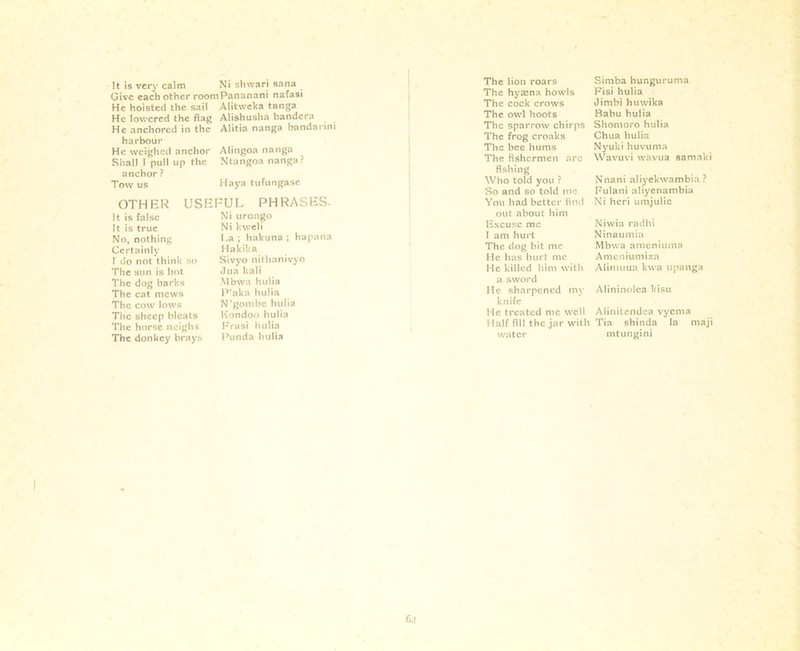 It is very calm Ni shwari sana Give each other roomPananani nafasi He hoisted the sail Alitweka tanga He lowered the flag Alishusha bandera He anchored in the Alitia nanga bandarini harbour He weighed anchor Alingoa nanga Shall I pull up the Ntangoa nanga? anchor ? Tow us Haya tufungase OTHER USEFUL PHRASES. It is false It is true No, nothing Certainly I do not think so The sun is hot The dog barks The cat mews The cow lows The sheep bleats The horse neighs The donkey brays Ni urongo Ni kweli La ; hakuna ; hapana Hakika Sivyo nithanivyo Jua kali Mbwa hulia P’aka hulia N’gombe hulia Kondoo hulia Fra si India Punda hulia The lion roars The hyaena howls The cock crows The owl hoots The sparrow chirps The frog croaks The bee hums The fishermen arc fishing Who told you ? So and so told me You had better find out about him Excuse me I am hurt The dog bit me He has hurt me He killed him with a sword He sharpened my knife He treated me well Half fill the jar with water Simba hunguruma Fisi hulia Jimbi huwika Babu hulia Shomoro hulia Chua hulia Nyuki huvuma Wavuvi wavua samaki Nnani aliyekwambia ? Fulani aliyenambia Ni hcri umjulic Niwia radhi Ninaumia Mbwa atneniuma Amcniumiza Alimuua kwa upanga Alininolea kisu Alinitendea vyema Tia shinda la maji mtungini