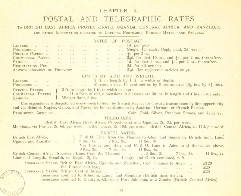 CHAPTER X. POSTAL AND TELEGRAPHIC RATES To BRITISH EAST AFRICA PROTECTORATE, UGANDA, CENTRAL AFRICA, AND ZANZIBAR, AND OTHER INFORMATION RELATING TO LETTERS, POSTCARDS, PRINTED MATTER AND PARCELS. Letters Postcards... Printed Papers ... Commercial Papers Samples Registration Fee Acknowledgment of Delivery RATES OF POSTAGE. Id. per £-oz. Single, Id. each; Reply paid, 2d. each. ^d. per 2 oz. 2£d. for first 10 oz., and ^d. per 2 oz. thereafter. Id. for first 4 oz., and ^d. per 2 oz. thereafter. 2d. for all articles. 2^d. (for registered articles only). LIMITS OF SIZE AND WEIGHT. 2 ft. in length by 1 ft. in width or depth. Maximum size, 14 centimetres by 9 centimetres (5J ins. by 3| ins.). 1 2 ft. in length by 1 ft. in width or depth. V If in form of roll, dimensions in all cas cases are 30 ins. in length and 4 ins. in diameter. Letters Postcards . . Printed Papers Commercial Papers r Samples ... ... j Weight limit, 5 lbs. Correspondence is despatched every week to Aden by British Packet for onward transmission by first opportunity, and via Brindisi, Naples, Genoa, and Marseilles for transmission by Austrian, German, or French Packet. Prohibited Articles ... . Coin, Gold, Silver, Precious Stones, and Jewellery. TELEGRAMS. British East Africa (East Africa Protectorate) and Uganda, 2s. fid. per word. Mombasa, via France, 2s. fid. per word. Other places, 2s. lOd. per word. British Central Africa, 2s. lid. per word. PARCEL RATES. \ P. & O. Line, from the Thames to Aden, and thence by British India Line, ... / 3 lbs., Is. 7 lbs., 2s. 11 lbs., 3s. Via France and Italy and P. & O. Line to Aden, and thence as above, 3 lbs., 2s. 7 lbs., 3s. 11 lbs., 4s. British Central Africa, Aberdeen Line, from the Thames ... ... 3 lbs., 2s. 7 lbs., Limits of Length, Breadth, or Depth, 3| ft. Length and Girth combined, 6 ft. Insurance Value, British East Africa, Uganda and Zanzibar, from Thames to Aden Via France and Italy ... Insurance Value, British Central Africa... Insurance confined to Kilindini, Lamu, and Mombasa (British East Africa). Insurance confined to Blantyre, Chiromo, Fort Johnston, and Zomba (British Central Africa). British East Africa, Uganda and Zanzibar 3s. 11 lbs., 4s. £120 £20 £20