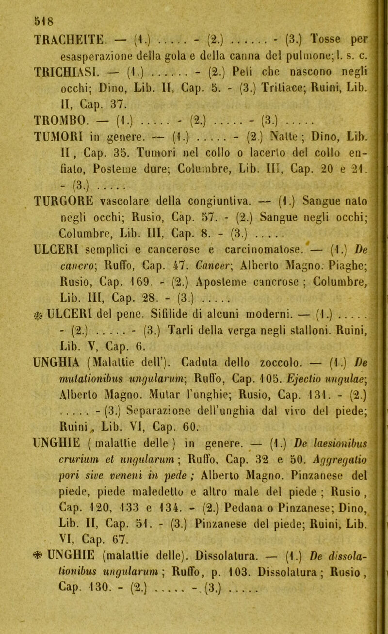 TRACI1EITE. — (1.) - (2.) - (3.) Tosse per esasperazione della gola e della canna del pillinone; I. s. c. TRICHIÀSL — (1.) - (2.) Peli che nascono negli occhi; Dino, Lib. II, Cap. 5. - (3.) Triti a ce ; Ruini, Lib. II, Cap. 37. TROMBO. — (1.) - (2.) - (3.) TUMORI in genere. — (1.) - (2.) Natte; Dino, Lib. II, Cap. 35. Tumori nel collo o lacerlo del collo en- fiato, Posteme dure; Columbre, Lib. Ili, Cap. 20 e 21. - (3.) TURGORE vascolare della congiuntiva. — (1.) Sangue nato negli occhi; Rusio, Cap. 57. - (2.) Sangue negli occhi; Columbre, Lib. Ili, Cap. 8. - (3.) ULCERI semplici e cancerose e carcinomatose. — (I.) De cancro; Ruffo, Cap. 47. Cancer\ Alberto Magno. Piaghe; Rusio, Cap. 169. - (2.) Aposteme cancrose ; Columbre, Lib. Ili, Cap. 28. - (3.) ULCERI del pene. Sifilide di alcuni moderni. — (I.) - (2.) - (3.) Tarli della verga negli stalloni. Ruini, Lib. V, Cap. 6. UNGHIA (Malattie dell’). Caduta dello zoccolo. — (1.) De mulationibus ungularum-, Ruffo, Cap. 105. Ejectio ungulae; Alberto Magno. Mutar l’unghie; Rusio, Cap. 131. - (2.) - (3.) Separazione dell’unghia dal vivo del piede; Ruini „ Lib. VI, Cap. 60. UNGHIE (malattie delle) in genere. — (1.) De laesionibus crurium et ungularum ; Ruffo, Cap. 32 e 50. Aggregalio pori sire veneni in pede ; Alberto Magno. Pinzanese del piede, piede maledetto e altro male del piede ; Rusio, Cap. 120, 133 e 134. - (2.) Pedana o Pinzanese; Dino, Lib. II, Cap. 51. - (3.) Pinzanese del piede; Ruini, Lib. VI, Cap. 67. * UNGHIE (malattie delle). Dissolalura. — (1.) De dissoìa- tionibus ungularum; Ruffo, p. 103. Dissolalura; Rusio, Cap. 130. - (2.) - (3.)