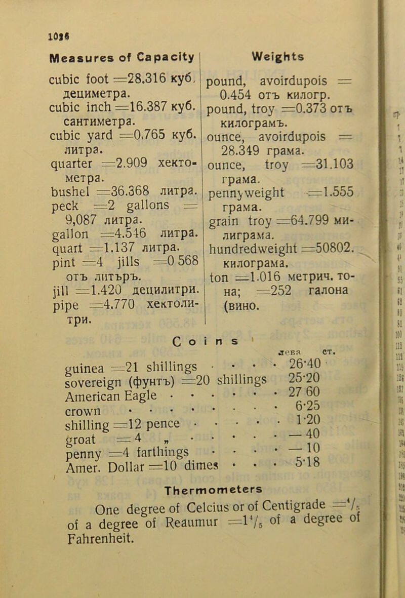 Weights IOSA Mcasures of Capacity i cubie foot =28.316 Kyó, fleuHMCTpa. cubie inch =16.387 Kyó. caHTHMerpa. cubie yard =0.765 KyÓ. .TOTpa. quarter =2.909 xeKTO- MCTpa. bushel =36.368 jmipa. peck =2 gallons = 9,087 jiHTpa. gallon =4.5-16 auipa. quart =1.137 mrpa. pint =4 jills =0 568 ottj .miTtp'b. jill =1.420 aeuHflHipH. pipe =4.770 xeKToaH- xpu. pound, avoirdupois = 0.454 OTT> KH.iorp. pound, troy =0.373 ott. KHJiorpaM^. ounce, avoirdupois = 28.349 rpaiwa. ounce, troy =31.103 rpa.\ia. penn^weight =1.555 rpaMa. grain troy =64.799 mh- anrpaMa. hundredweight =50802. KHaorpaMa. ton =1.016 MerpHn. To- na; =252 raaona (bhho. / C o i n s ' guinea =21 shillings • • • sovereign (4)yHT-b) =20 shillings American Eagle Crown shilling =12 pence . • • • groat =4 „ .... penny =4 farthings • • • Amer. Dollar =10 dimes • jesa CT. . 26-40 25-20 . 27 60 • 6-25 . 1-20 - —40 . —10 . 5-18 Thermometers One degree of Celcius or of Centigrade = /r. of a degree of Reaumur —V/, of a degree of Fahrenheit.