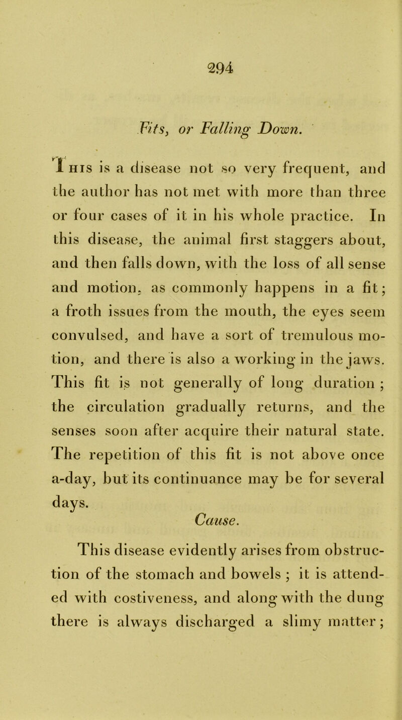 FifSj or Falling Down. 1 HIS is a disease not so very frequent, and the author has not met with more than three or four cases of it in his whole practice. In this disease, the animal first staggers about, and then falls down, with the loss of all sense and motion, as commonly happens in a fit; a froth issues from the mouth, the eyes seem convulsed, and have a sort of tremulous mo- tion, and there is also a working in the jaws. This fit is not generally of long duration ; the circulation gradually returns, and the senses soon after acquire their natural state. The repetition of this fit is not above once a-day, but its continuance may be for several days. Cause. This disease evidently arises from obstruc- tion of the stomach and bowels ; it is attend- ed with costiveness, and along with the dung there is always discharged a slimy matter;