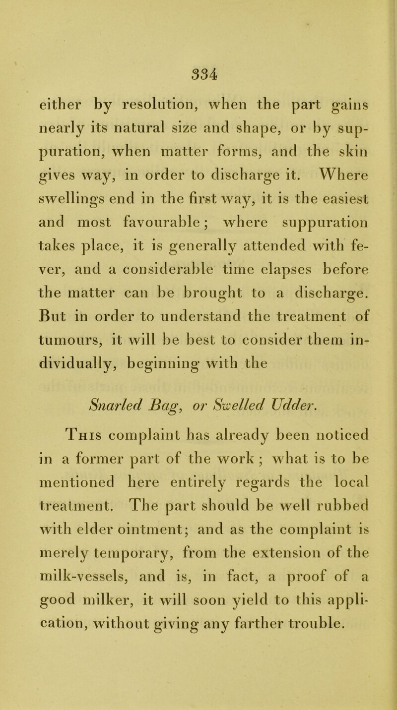 either by resolution, when the part gains nearly its natural size and shape, or by sup- puration, when matter forms, and the skin gives way, in order to discharge it. Where swellings end in the first way, it is the easiest and most favourable; where suppuration takes place, it is generally attended with fe- ver, and a considerable time elapses before the matter can be brought to a discharge. But in order to understand the treatment of tumours, it will be best to consider them in- dividually, beginning with the Snarled Bag, or S-ucelled Udder. This complaint has already been noticed in a former part of the work ; what is to be mentioned here entirely regards the local treatment. The part should be well rubbed with elder ointment; and as the complaint is merely temporary, from the extension of the milk-vessels, and is, in fact, a proof of a good milker, it will soon yield to this appli- cation, without giving any farther trouble.