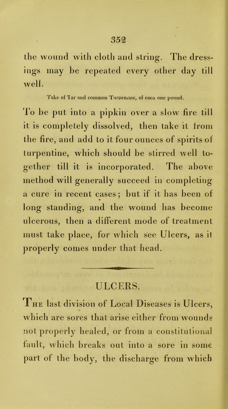 the wound with cloth and string. The dress- ings may be repeated every other day till well. Take of lar and common TiuDeiiiine, of eaco one pound. To be put into a pipkin over a slow fire till it is completely dissolved, then take it from the fire, and add to it four ounces of spirits of turpentine, which should be stirred well to- gether till it is incorporated. The above method will generally succeed in completing a cure in recent cases; but if it has been of long standing, and the wound has become ulcerous, th en a different mode of treatment must take place, for which see Ulcers, as it properly comes under that head. ULCERS. The last division of Local Diseases is Ulcers. j which are sores that arise either from wounds not properly healed, or from a constitutional fault, which breaks out into a sore in some part of the body, the discharge from which