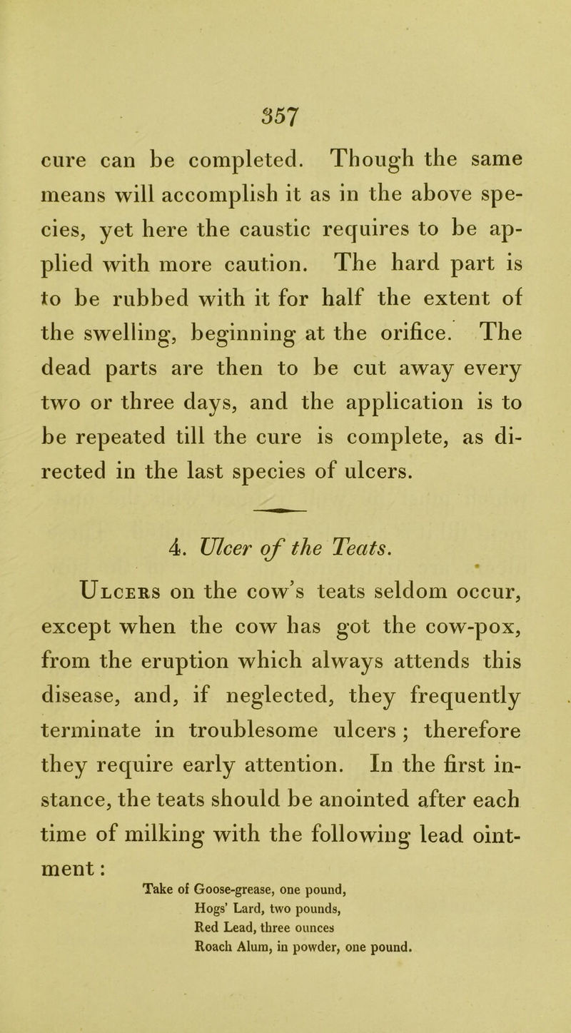 cure can be completed. Though the same means will accomplish it as in the above spe- cies, yet here the caustic requires to be ap- plied with more caution. The hard part is to be rubbed with it for half the extent of the swelling, beginning at the orifice. The dead parts are then to be cut away every two or three days, and the application is to be repeated till the cure is complete, as di- rected in the last species of ulcers. 4. Ulcer of the Teats. Ulcers on the cow’s teats seldom occur, except when the cow has got the cow-pox, from the eruption which always attends this disease, and, if neglected, they frequently terminate in troublesome ulcers ; therefore they require early attention. In the first in- stance, the teats should be anointed after each time of milking with the following lead oint- ment : Take of Goose-grease, one pound, Hogs’ Lard, two pounds. Red Lead, three ounces Roach Alum, in powder, one pound.