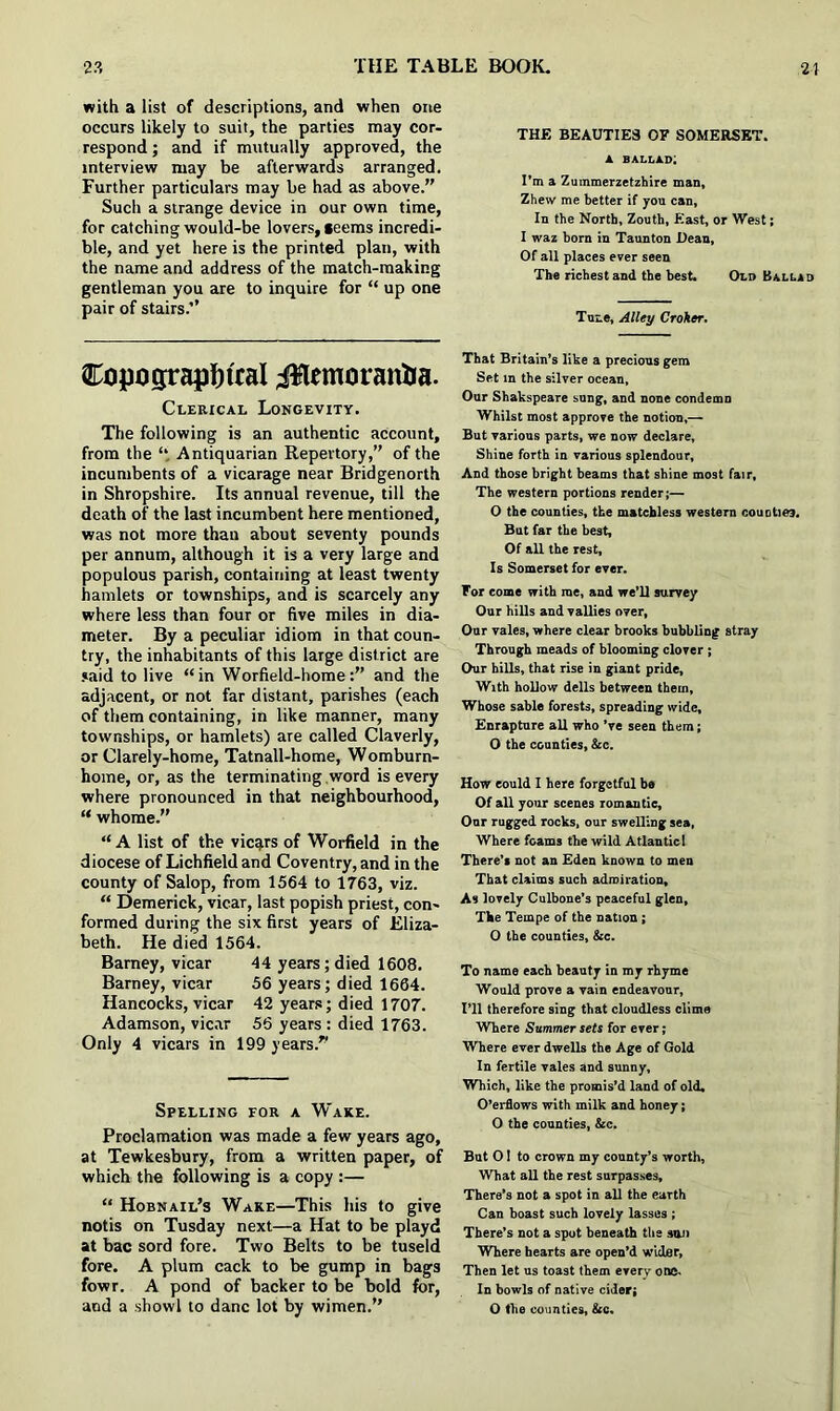 with a list of descriptions, and when one occurs likely to suit, the parties may cor- respond ; and if mutually approved, the interview may be afterwards arranged. Further particulars may be had as above.” Such a strange device in our own time, for catching would-be lovers, geems incredi- ble, and yet here is the printed plan, with the name and address of the match-making gentleman you are to inquire for “ up one pair of stairs.’’ Ccpoffrapbtral iflemoranfca. Clerical Longevity. The following is an authentic account, from the “ Antiquarian Repertory,” of the incumbents of a vicarage near Bridgenorth in Shropshire. Its annual revenue, till the death of the last incumbent here mentioned, was not more than about seventy pounds per annum, although it is a very large and populous parish, containing at least twenty hamlets or townships, and is scarcely any where less than four or five miles in dia- meter. By a peculiar idiom in that coun- try, the inhabitants of this large district are said to live “in Worfield-home:” and the adjacent, or not far distant, parishes (each of them containing, in like manner, many townships, or hamlets) are called Claverly, or Clarely-home, Tatnall-home, Womburn- home, or, as the terminating word is every where pronounced in that neighbourhood, “ whome.” “ A list of the vicars of Worfield in the diocese of Lichfield and Coventry, and in the county of Salop, from 1564 to 1763, viz. “ Demerick, vicar, last popish priest, con- formed during the six first years of Eliza- beth. He died 1564. Barney, vicar 44 years ; died 1608. Barney, vicar 56 years; died 1664. Hancocks, vicar 42 years; died 1707. Adamson, vicar 56 years : died 1763. Only 4 vicars in 199 years/' Spelling for a Wake. Proclamation was made a few years ago, at Tewkesbury, from a written paper, of which the following is a copy :— “ Hobnail’s Wake—This his to give notis on Tusday next—a Hat to be playd at bac sord fore. Two Belts to be tuseld fore. A plum cack to be gump in bags fowr. A pond of backer to be bold for, and a showl to danc lot by wimen.” THE BEAUTIES OF SOMERSET. a ballad; I’m a Zummerzetzhire man, Zhew me better if you can. In the North, Zouth, East, or West; I waz born in Taunton Dean, Of all places ever seen The richest and the best. Old Ballad Tune, Alley Croker. That Britain’s like a precious gem Set in the silver ocean. Our Shakspeare sung, and none condemn Whilst most approve the notion,— But various parts, we now declare, Shine forth in various splendour. And those bright beams that shine most fair, The western portions render;— O the counties, the matchless western couotiea. But far the best. Of all the rest, Is Somerset for ever. For come with me, and we’ll survey Our hills and vallies over, Our vales, where clear brooks bubbling stray Through meads of blooming clover ; Our hills, that rise in giant pride, With hollow dells between them. Whose sable forests, spreading wide. Enrapture all who’ve seen them; O the counties, &c. How eould I here forgetful be Of all your scenes romantic. Our rugged rocks, our swelling sea, Where foams the wild Atlantic 1 There’s not an Eden known to men That claims such admiration. As lovely Culbone’s peaceful glen, The Tempe of the nation ; O the counties, &c. To name each beauty in my rhyme Would prove a vain endeavour. I’ll therefore sing that cloudless clime Where Summer sets for ever; Where ever dwells the Age of Gold In fertile vales and sunny. Which, like the promis’d land of old. O’erflows with milk and honey; O the counties, &c. But O! to crown my county’s worth, What all the rest surpasses. There’s not a spot in all the earth Can boast such lovely lasses ; There’s not a spot beneath the son Where hearts are open’d wider, Then let us toast them every one. In bowls of native cider; O the counties,