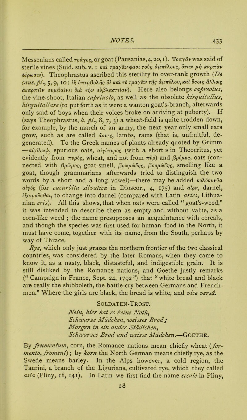 Messenians called Tpayog, or goat (Pausanias,4,20, i). Tpayavwas said of Sterile vines (Suid. sub. v. : kat rpayav <pacri rovg dpjreXovg, orav fiii) Kapkov ripumv). Theophrastus ascribed this sterility to over-rank growth {De CdUS.pl., 5, 9, IO : vTrtpfioXrjg 5e Kai to rpayav ri)g dpireXov, icai oaoig aXXoig aKcipTnlv <7vp(3aivEL did ri)v evfiXcictTt'iciv). Here also belongs capreolus, the vine-shoot, Italian capriuolo, as well as the obsolete hirquitallus, hirquitallare (to put forth as it were a wanton goat’s-branch, afterwards only said of boys when their voices broke on arriving at puberty). If (says Theophrastus, h. pi., 8, 7, 5) a wheat-field is quite trodden down, for example, by the march of an army, the next year only small ears grow, such as are called aping, lambs, rams (that is, unfruitful, de- generated). To the Greek names of plants already quoted by Grimm —aiyiXioxp, spurious oats, aly’nrvpog (with a short v in Theocritus, yet evidently from 7rvpog, wheat, and not from rrvp) and fipopog, oats (con- nected with Ppujpog, goat-smell, [3piopuchig, fipopiuidiig, smelling like a goat, though grammarians afterwards tried to distinguish the two words by a short and a long vowel)—there may be added KoXoicvvOa alyog (for cucurbita silvatica in Dioscor., 4, 175) and dipa, darnel, tZaipovaQai, to change into darnel (compared with Latin aries, Lithua- nian eris). All this shows, that when oats were called “ goat’s-weed,” it was intended to describe them as empty and without value, as a corn-like weed ; the name presupposes an acquaintance with cereals, and though the species was first used for human food in the North, it must have come, together with its name, from the South, perhaps by way of Thrace. Rye, which only just grazes the northern frontier of the two classical countries, was considered by the later Romans, when they came to know it, as a nasty, black, distasteful, and indigestible grain. It is still disliked by the Romance nations, and Goethe justly remarks (“ Campaign in France, Sept. 24, 1792 ”) that “ white bread and black are really the shibboleth, the battle-cry between Germans and French- men.” Where the girls are black, the bread is white, and vice versd. Soldaten-Trost. Nein, hier hat es keine Noth, Schwarze Madchen, weisses Brodj Morgen in ein a?ider Stddtchen, Schwarzes Brod und weisse Madchen.—GOETHE. By frumentum, corn, the Romance nations mean chiefly wheat {for- mento,fro7ne?it); by korn the North German means chiefly rye, as the Swede means barley. In the Alps however, a cold region, the Taurini, a branch of the Ligurians, cultivated rye, which they called asia (Pliny, 18, 141). In Latin we first find the name secale in Pliny, 28