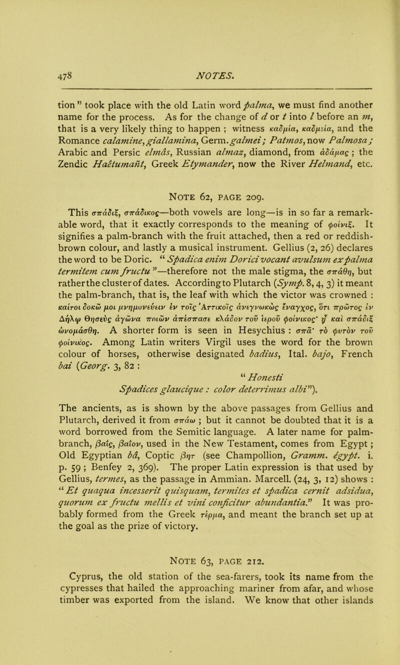 tion” took place with the old Latin word fialma, we must find another name for the process. As for the change of d or t into l before an m, that is a very likely thing to happen ; witness KaSpia, icadpsia, and the Romance calamine, giallamina, Germ.galmei; Patinos, now Palmosa; Arabic and Persic elmds, Russian almaz, diamond, from dbdpag ; the Zendic Haetumaht, Greek Etymander, now the River Helmand, etc. Note 62, page 209. This c-ndbii, (nraducoQ—both vowels are long—is in so far a remark- able word, that it exactly corresponds to the meaning of <poivi£. It signifies a palm-branch with the fruit attached, then a red or reddish- brown colour, and lastly a musical instrument. Gellius (2, 26) declares the word to be Doric. “ Spadica enim Doricivocant avulsum expalma termitem cum fructu ”—therefore not the male stigma, the cnraQij, but ratherthe clusterof dates. Accordingto Plutarch {Symp. 8,4, 3) it meant the palm-branch, that is, the leaf with which the victor was crowned : KaiTOi 8oku> pot pvqpovtvtiv tv toTq ’AttlkoIq dvtyvcjKujg evayxog, on 7rputTog tv Arj\<p 0)/crtvg dyu>va ttoiGjv d-KtG'Kaat k\cl8ov tov Upov <po'iviKog’ ij Kai cnradilZ wvop,daQrj. A shorter form is seen in Hesychius : cnra’ to (pvrov tov (poLvucog. Among Latin writers Virgil uses the word for the brown colour of horses, otherwise designated badius, Ital. bajo, French bai {Georg. 3, 82 : “ Honesti Spadices glaucique : color deterrimus albi”). The ancients, as is shown by the above passages from Gellius and Plutarch, derived it from cnrcuo ; but it cannot be doubted that it is a word borrowed from the Semitic language. A later name for palm- branch, (3aig, (3aiov, used in the New Testament, comes from Egypt; Old Egyptian bd, Coptic /3?;r (see Champollion, Gramm, egypt. i. p. 59 ; Benfey 2, 369). The proper Latin expression is that used by Gellius, termes, as the passage in Ammian. Marcell. (24, 3, 12) shows : “ Et quaqua incesser it quisquam, termites et spadica cernit adsidua, quorum ex fructu mellis et vini conficitur abundantiad It was pro- bably formed from the Greek reppa, and meant the branch set up at the goal as the prize of victory. Note 63, page 212. Cyprus, the old station of the sea-farers, took its name from the cypresses that hailed the approaching mariner from afar, and whose timber was exported from the island. We know that other islands