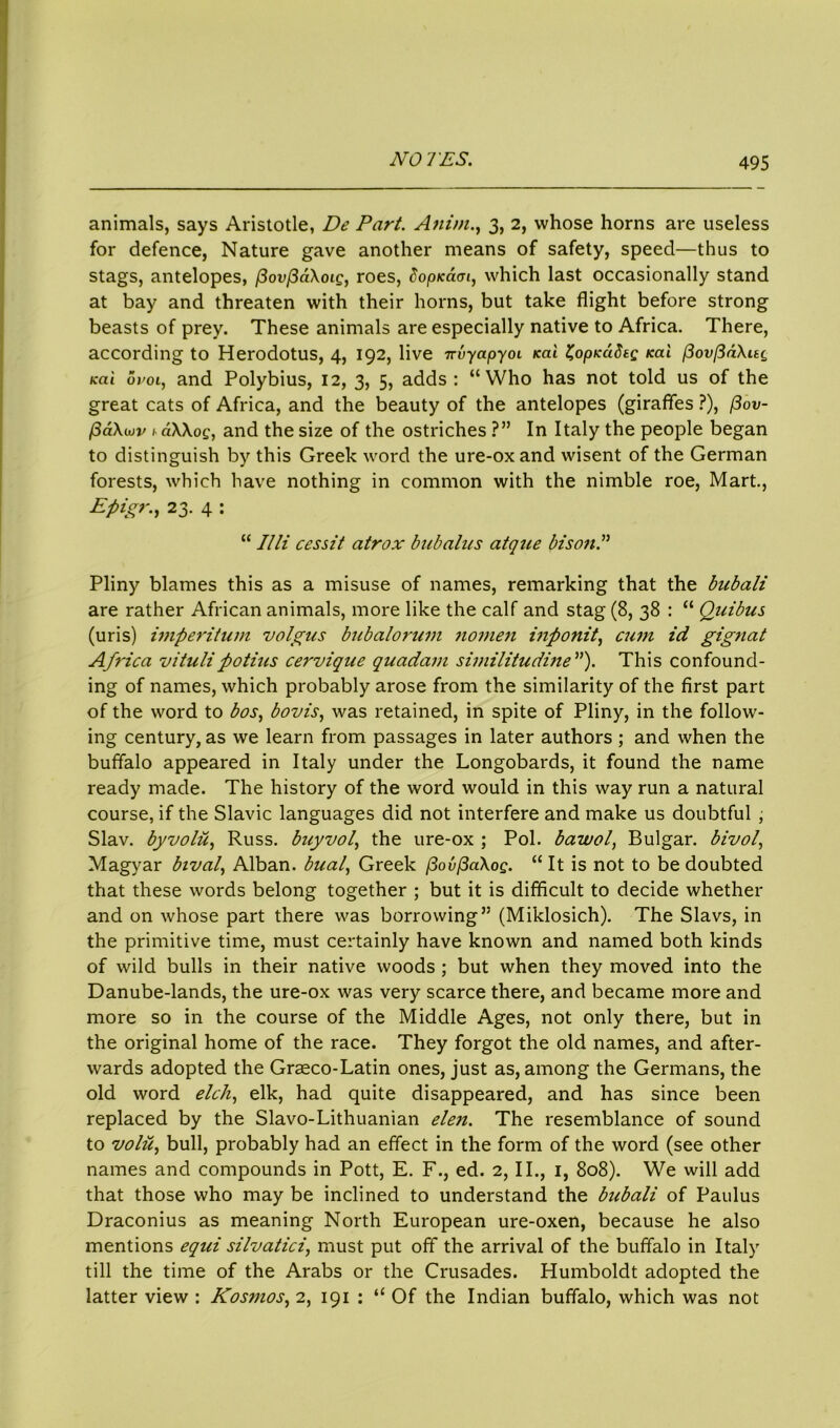animals, says Aristotle, De Part. Anim., 3, 2, whose horns are useless for defence, Nature gave another means of safety, speed—thus to stags, antelopes, (3ov/3dXoig, roes, Sopudai, which last occasionally stand at bay and threaten with their horns, but take flight before strong beasts of prey. These animals are especially native to Africa. There, according to Herodotus, 4, 192, live nvyapyoi icai ^opKdbtg mi fiovfidXug Kai oi'ol, and Polybius, 12, 3, 5, adds: “Who has not told us of the great cats of Africa, and the beauty of the antelopes (giraffes ?), (3ov- (3d\iov h dXXog, and the size of the ostriches ?” In Italy the people began to distinguish by this Greek word the ure-oxand wisent of the German forests, which have nothing in common with the nimble roe, Mart., Epigr., 23. 4 : “ Illi cessit atrox bubalus atque bison.” Pliny blames this as a misuse of names, remarking that the bnbali are rather African animals, more like the calf and stag (8, 38 : “ Quibus (uris) imperitum valgus bubalorui7i nomen inponit, cum id gignat Africa vitulipotius cerviqne quadam similitudine”). This confound- ing of names, which probably arose from the similarity of the first part of the word to bos, bovis, was retained, in spite of Pliny, in the follow- ing century, as we learn from passages in later authors ; and when the buffalo appeared in Italy under the Longobards, it found the name ready made. The history of the word would in this way run a natural course, if the Slavic languages did not interfere and make us doubtful ; Slav, byvolii, Russ, buyvol, the ure-ox ; Pol. bawol, Bulgar. bivol, Magyar bival, Alban, bual, Greek (3ov/3aXog. “ It is not to be doubted that these words belong together ; but it is difficult to decide whether and on whose part there was borrowing” (Miklosich). The Slavs, in the primitive time, must certainly have known and named both kinds of wild bulls in their native woods ; but when they moved into the Danube-lands, the ure-ox was very scarce there, and became more and more so in the course of the Middle Ages, not only there, but in the original home of the race. They forgot the old names, and after- wards adopted the Graeco-Latin ones, just as, among the Germans, the old word elch, elk, had quite disappeared, and has since been replaced by the Slavo-Lithuanian elen. The resemblance of sound to volu, bull, probably had an effect in the form of the word (see other names and compounds in Pott, E. F., ed. 2, II., 1, 808). We will add that those who may be inclined to understand the bnbali of Paulus Draconius as meaning North European ure-oxen, because he also mentions equi silvatici, must put off the arrival of the buffalo in Italy till the time of the Arabs or the Crusades. Humboldt adopted the latter view : Kosmos, 2, 191 : “ Of the Indian buffalo, which was not