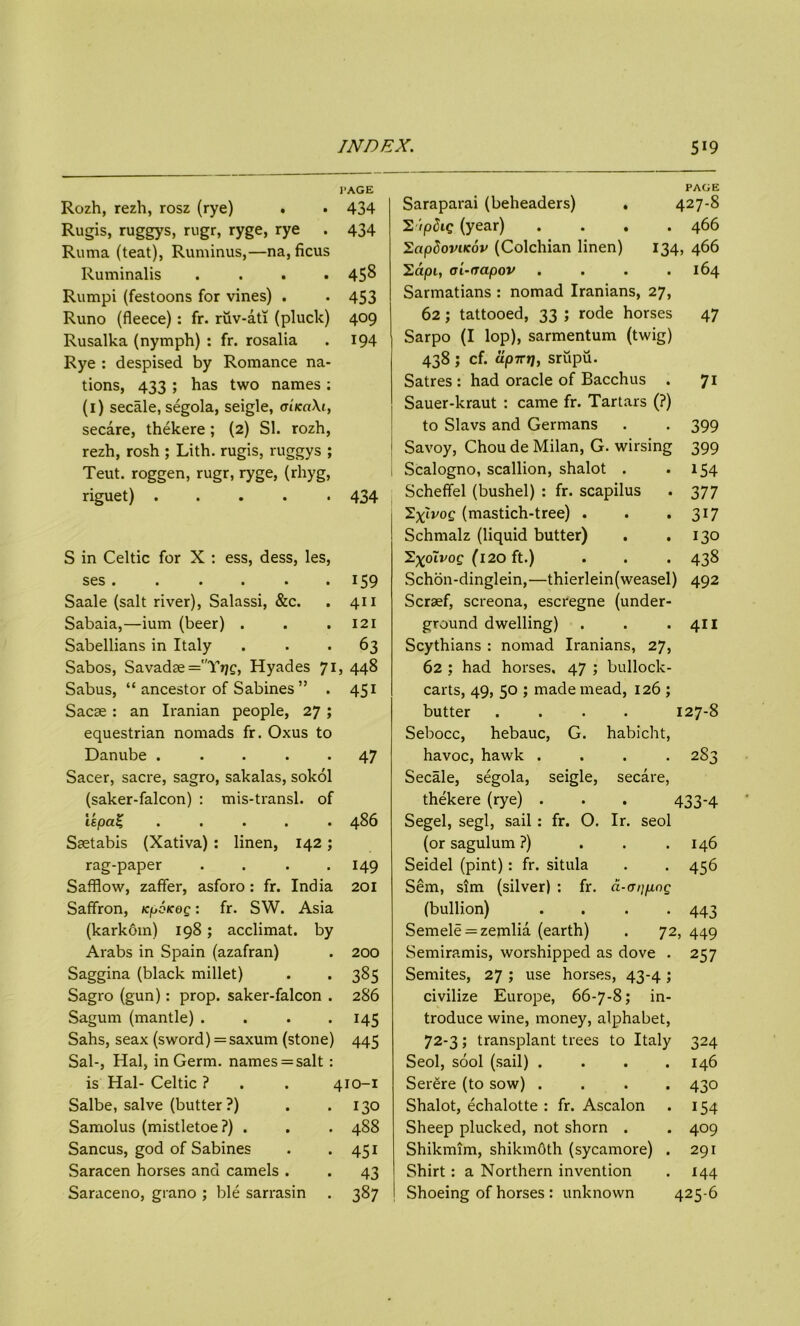 PAGE Rozh, rezh, rosz (rye) . . 434 Rugis, ruggys, rugr, ryge, rye . 434 Ruma (teat), Ruminus,—na, ficus Ruminalis .... 458 Rumpi (festoons for vines) . . 453 Runo (fleece): fr. ruv-ati (pluck) 409 Rusalka (nymph) : fr. rosalia . 194 Rye : despised by Romance na- tions, 433 ; has two names ; (1) secale, segola, seigle, oLkciXi, secare, thekere; (2) SI. rozh, rezh, rosh ; Lith. rugis, ruggys ; Teut. roggen, rugr, ryge, (rhyg, riguet) 434 S in Celtic for X : ess, dess, les, ses 159 Saale (salt river), Salassi, &c. . 411 Sabaia,—ium (beer) . . .121 Sabellians in Italy ... 63 Sabos, Savadae=''T7jc:, Hyades 71, 448 Sabus, “ ancestor of Sabines ” . 451 Sacse : an Iranian people, 27 ; equestrian nomads fr. Oxus to Danube ..... 47 Sacer, sacre, sagro, sakalas, sokol (saker-falcon) : mis-transl. of iepa% ..... 486 Ssetabis (Xativa) : linen, 142; rag-paper .... 149 Safflow, zaffer, asforo : fr. India 201 Saffron, Kpoicog: fr. SW. Asia (karkdin) 198; acclimat. by Arabs in Spain (azafran) . 200 Saggina (black millet) . . 385 Sagro (gun): prop, saker-falcon . 286 Sagum (mantle) . . . . 145 Sahs, seax (sword) = saxum (stone) 445 Sal-, Hal, in Germ, names = salt : is Hal- Celtic ? 410-1 Salbe, salve (butter?) . 130 Samolus (mistletoe?) . . 488 Sancus, god of Sabines • 451 Saracen horses and camels . • 43 Saraceno, grano ; ble sarrasin • 387 PAGE Saraparai (beheaders) . 427-8 S'/p&e (year) .... 466 Eapdoviicov (Colchian linen) 134, 466 Sapi, ai-napov . . . .164 Sarmatians : nomad Iranians, 27, 62; tattooed, 33 ; rode horses 47 Sarpo (I lop), sarmentum (twig) 438 ; cf. tipttt], sriipu. Satres : had oracle of Bacchus . 71 Sauer-kraut : came fr. Tartars (?) to Slavs and Germans . . 399 1 Savoy, Chou de Milan, G. wirsing 399 Scalogno, scallion, shalot . .154 Scheffel (bushel) : fr. scapilus . 377 2%11/og (mastich-tree) . . *317 Schmalz (liquid butter) . .130 S^oiroc (120 ft.) . . . 438 Schon-dinglein,—thierlein(weasel) 492 Scrsef, screona, escregne (under- ground dwelling) . . .411 Scythians : nomad Iranians, 27, 62 ; had horses, 47 ; bullock- carts, 49, 50 ; made mead, 126 ; butter .... 127-8 Sebocc, hebauc, G. habicht, havoc, hawk .... 283 Secale, segola, seigle, secare, thekere (rye) . . . 433-4 Segel, segl, sail : fr. O. Ir. seol (or sagulum ?) . . .146 Seidel (pint): fr. situla . . 456 Sem, sim (silver) : fr. a-appog (bullion) .... 443 Semele = zemlia (earth) . 72, 449 Semiramis, worshipped as dove . 257 Semites, 27 ; use horses, 43-4 ; civilize Europe, 66-7-8; in- troduce wine, money, alphabet, 72-3; transplant trees to Italy 324 Seol, sool (sail) .... 146 Serere (to sow) .... 430 Shalot, echalotte : fr. Ascalon . 154 Sheep plucked, not shorn . . 409 Shikmim, shikmOth (sycamore) . 291 Shirt : a Northern invention . 144 Shoeing of horses : unknown 425-6