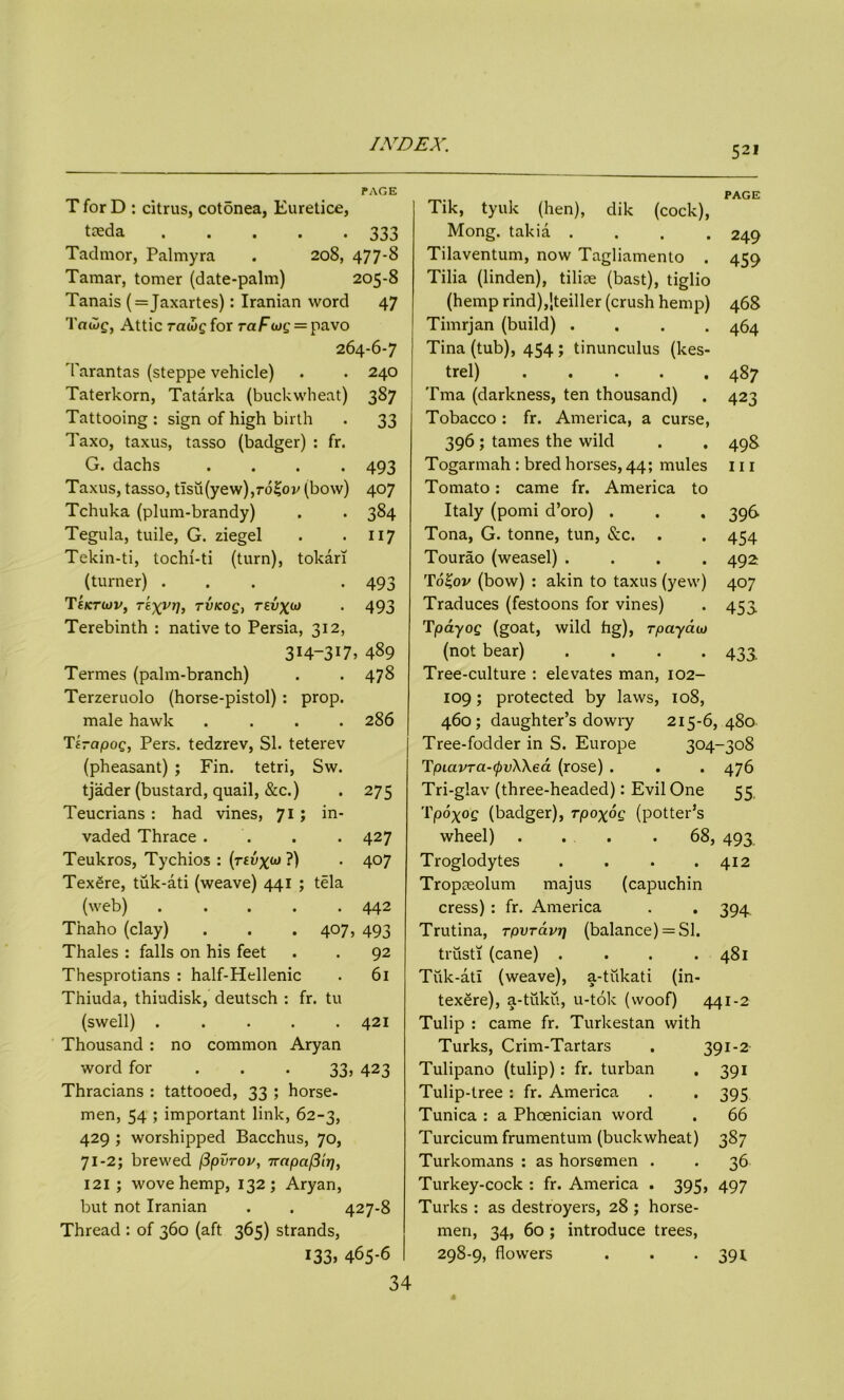 52i PAGE T for D : citrus, cotSnea, Euretice, treda 333 Tadmor, Palmyra . 208, 477-8 Tamar, tomer (date-palm) 205-8 Tanais (=Jaxartes): Iranian word 47 Tnw£, Attic Tciiog for ra/ra»g = pavo 264-6-7 Tarantas (steppe vehicle) . . 240 Taterkorn, Tatarka (buckwheat) 387 Tattooing : sign of high birth . 33 Taxo, taxus, tasso (badger) : fr. G. dachs .... 493 Taxus, tasso, tTsu(yew),ro£ov (bow) 407 Tchuka (plum-brandy) . . 384 Tegula, tuile, G. ziegel . . 117 Tekin-ti, tochi-ti (turn), tokari (turner) ... . 493 TEKTCJV, TEXvrl} TVKOQy TEVXW . 493 Terebinth : native to Persia, 312, 314-317, 489 Termes (palm-branch) . . 478 Terzeruolo (horse-pistol) : prop. male hawk .... 286 Tjrnpoc, Pers. tedzrev, SI. teterev (pheasant) ; Fin. tetri, Sw. tjader (bustard, quail, &c.) . 275 Teucrians : had vines, 71; in- vaded Thrace . . . 427 Teukros, Tychios : (tevxoj ?) • 4°7 Texere, tuk-ati (weave) 441 ; tela (web) ..... 442 Tnaho (clay) . . . 407, 493 Thales : falls on his feet . . 92 Thesprotians : half-Hellenic . 61 Thiuda, thiudisk, deutsch : fr. tu (swell) . . . . .421 Thousand : no common Aryan word for 33, 423 Thracians : tattooed, 33 ; horse- men, 54 ; important link, 62-3, 429 ; worshipped Bacchus, 70, 71-2; brewed /3pvrov, 7rapaf3ir], 121 ; wove hemp, 132; Aryan, but not Iranian . . 427-8 Thread : of 360 (aft 365) strands, J33> 465-6 34 m. PAGE Tik, tyuk (hen), clik (cock), Mong. takia .... 249 Tilaventum, now Tagliamento . 459 Tilia (linden), tilice (bast), tiglio (hemp rind),[teiller (crush hemp) 468 Timrjan (build) .... 464 Tina (tub), 454 ; tinunculus (kes- trel) 487 Tma (darkness, ten thousand) . 423 Tobacco : fr. America, a curse, 396; tames the wild . . 498 Togarmah : bred horses, 44; mules 111 Tomato: came fr. America to Italy (pomi d’oro) . . . 396 Tona, G. tonne, tun, &c. . . 454 Tourao (weasel) .... 492 T6£ov (bow) : akin to taxus (yew) 407 Traduces (festoons for vines) . 453. Tpayog (goat, wild hg), rpayau) (not bear) .... 433, Tree-culture : elevates man, 102- 109; protected by laws, 108, 460; daughter’s dowry 215-6,480 | Tree-fodder in S. Europe 304-308 TpiavTCt-ipvWea (rose) . . . 476 Tri-glav (three-headed): Evil One 55, Tpoxog (badger), rpoxog (potter’s wheel) .... 68, 493 Troglodytes . . . .412 Tropoeolum majus (capuchin cress): fr. America . . 394^ Trutina, Tpvrdvr] (balance) = SI. trust! (cane) . . . .481 Tuk-ati (weave), a-tiikati (in- texere), a-ttiku, u-tok (woof) 441-2 Tulip : came fr. Turkestan with Turks, Crim-Tartars . 391-2 Tulipano (tulip): fr. turban . 391 Tulip-tree : fr. America . . 395 Tunica : a Phoenician word . 66 Turcicum frumentum (buckwheat) 387 Turkomans : as horsemen . . 36 Turkey-cock : fr. America . 395, 497 Turks : as destroyers, 28 ; horse- men, 34, 60 ; introduce trees, 298-9, flowers . . -391