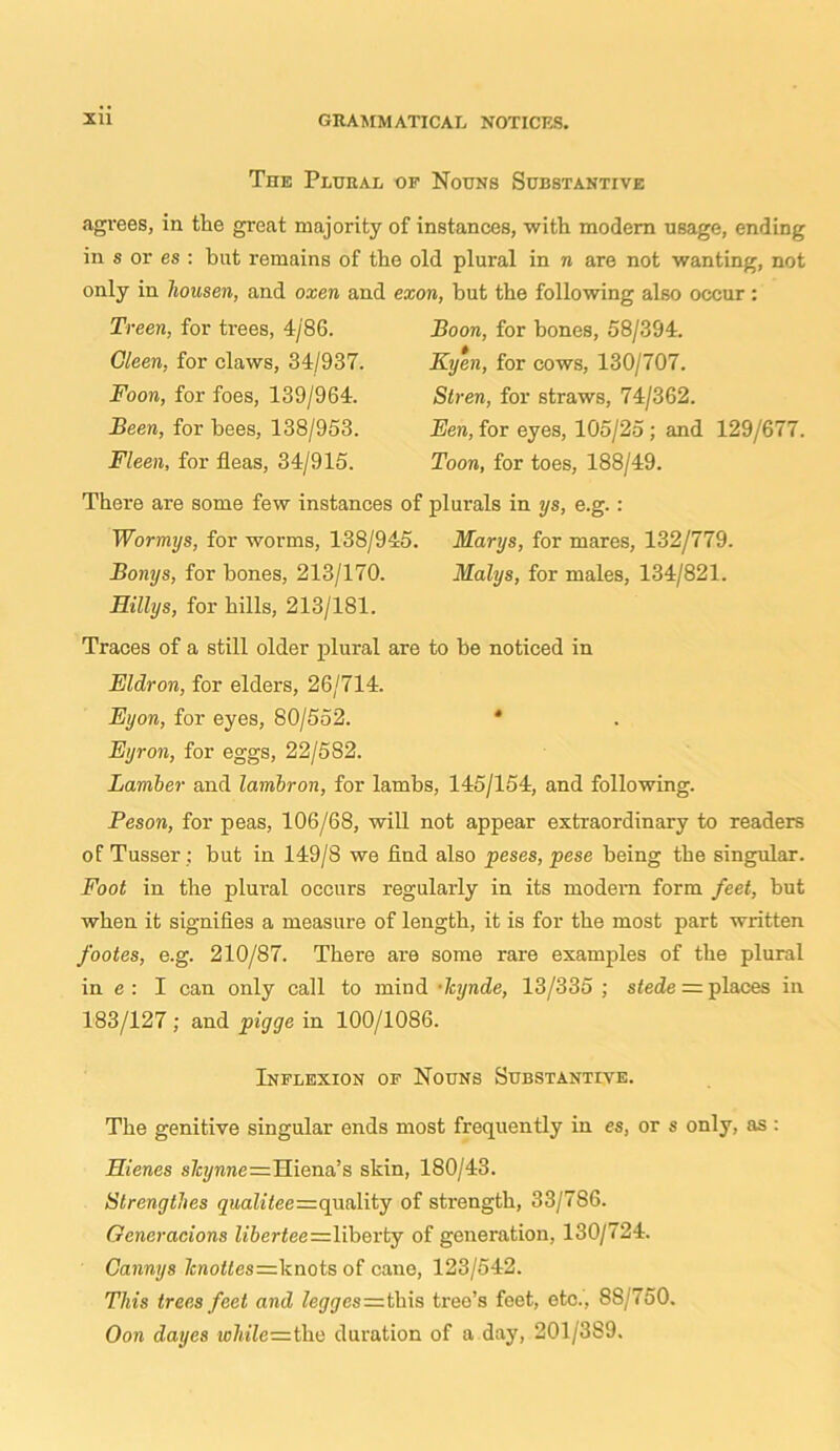 The Plural op Nouns Substantive agrees, in the great majority of instances, with modem usage, ending in s or es : but remains of the old plural in n are not wanting, not only in liousen, and oxen and exon, but the following also occur : Treen, for trees, 4/86. Gleen, for claws, 34/937. Foon, for foes, 139/964. Been, for bees, 138/953. Fleen, for fleas, 34/915. Boon, for bones, 58/394. Kyen, for cows, 130/707. Stren, for straws, 74/362. Een, for eyes, 105/25; and 129/677. Toon, for toes, 188/49. There are some few instances of plurals in ys, e.g.: Wormys, for worms, 138/945. Marys, for mares, 132/779. Bonys, for bones, 213/170. Malys, for males, 134/821. Hillys, for hills, 213/181. Traces of a still older plural are to he noticed in Eldron, for elders, 26/714. Eyon, for eyes, 80/552. * Eyron, for eggs, 22/5 S2. Lamber and lambron, for lambs, 145/154, and following. Peson, for peas, 106/68, will not appear extraordinary to readers of Tusser : but in 149/8 we find also peses, pese being the singular. Foot in the plural occurs regularly in its modem form feet, but when it signifies a measure of length, it is for the most part written footes, e.g. 210/87. There are some rare examples of the plural in e : I can only call to mind •Icynde, 13/335 ; stede = places in 183/127 ; and pigge in 100/1086. Inflexion of Nouns Substantive. The genitive singular ends most frequently in es, or s only, as : Hienes slcynne=Hiena’s skin, 180/43. Strengthes qualitee=qua\ity of strength, 33/786. Oeneracions libertee=liberty of generation, 130/724. Cannys knotles—knots of cane, 123/542. This trees feet and legges=.th\s tree’s feet, etc., 8S/750. Oon dayes while=the duration of a day, 201/389.