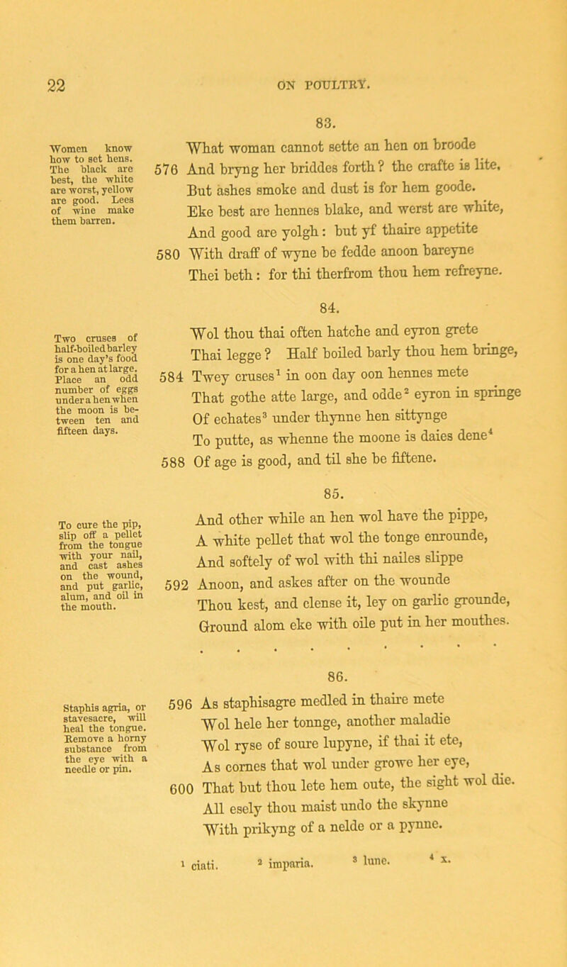 Women know how to set kens. The klack arc best, tko white are worst, yellow are good. Lees of wine make them barren. 83. What woman cannot Bette an hen on broode 576 And bryng her briddcs forth? the crafte is lite, But ashes smoke and dust is for hem goode. Eke best are hennes blake, and werst are white, And good are yolgh: but yf thaire appetite 580 With draff of wyne be fedde anoon bareyne Thei beth: for thi therfrom thou hem refreyne. Two erases of half-boiled barley is one day’s food for a hen at large. Place an odd number of eggs u nder a hen when the moon is be- tween ten and fifteen days. 84. Wol thou thai often hatche and eyron grete Thai legge ? Half boiled barly thou hem bringe, 584 Twey cruses1 in oon day oon hennes mete That gothe atte large, and odde2 eyron in springe Of echates3 under thynne hen sittynge To putte, as whenne the moone is daies dene4 588 Of age is good, and til she be fiftene. To cure the pip, slip off a pellet from the tongue with your naU, and cast ashes on the wound, and put garlic, alum, and oU in the mouth. 85. And other while an hen wol have the pippe, A white pellet that wol the tonge enrounde, And softely of wol with thi nailes slippe 592 Anoon, and askes after on the wounde Thou kest, and dense it, ley on garlic grounde, Ground alom eke with oile put in her mouthes. Staphis agria, or stavesacre, will heal the tongue. Remove a homy substance from the eye with a needle or pin. 86. 596 As staphisagre medled in thaire mete Wol hele her tonnge, another maladie Wol ryse of soure lupyne, if thai it ete, As comes that wol under growe her eye, 600 That hut thou lete hem oute, the sight wol die. All esely thou maist undo the skynne With prikyng of a nelde or a pynne. 1 ciati. 2 imparia. 3 ^une* 4 x.