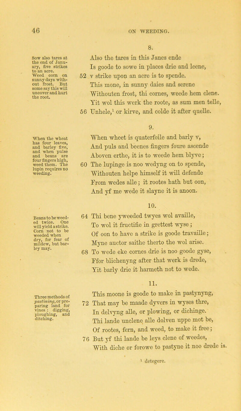 Row also tares at tlie end of Janu- ary, five strikes to an acre. Weed com on sunny days with- out frost. But some say this will uncover and hurt the root. 8. Also the tares in this Janes ende Is goode to sowe in places drie and leene, 52 v strike upon an acre is to spende. This mone, in sunny daies and serene Withouten frost, thi comes, weede hem clene. Yit wol this werk the roote, as sum men telle, 56 Unhele,1 or kirve, and colde it after quelle. When the wheat has four leaves, and barley five, and when pulse and beans are four fingers high, weed them. The lupin requires no weeding. 9. When wheet is quaterfoile and harly v, And puls and beenes lingers foure aseende Aboven erthe, it is to weede hem blyve; 60 The lupinge is noo wedyng on to spende, Withouten helpe himself it will defende From wedes alle; it rootes hath hut oon, And yf me wede it slayne it is anoon. Beans to beweed- ed twice. One will yield a strike. Com not to be weeded when dry, for fear of mildew, but bar- ley may. 10. 64 Thi bene yweeded twyes wol availle, To wol it fructilie in grettest wyse ; Of oon to have a strike is goode travaille; Myne auctor saithe therto the wol arise. 68 To wede eke comes clrie is noo goode gyse, Ffor bliehenyng after that werk is drede, Yit barly drie it harmeth not to wede. Three methods of pastining, or pre- paring land for vines : digging, ploughing, and ditching. 11. This moone is goode to make in pastynyng, 72 That may be maade dyvers in wyses thre, In delvyng alle, or plowing, or diehinge. Thi lande unelene alle dolven uppo mot be, Of rootes, fern, and weed, to make it free; 76 But yf thi lande be leys clone of weedes, With diche or forowe to pastyne it noo drede is 1 detegere.