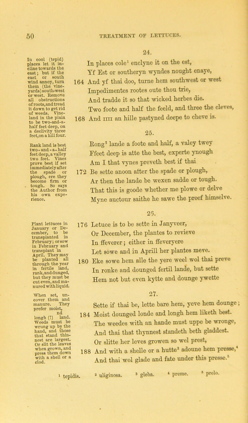 In cool (tepid) places let it in- cline towards the east; but if the cast or south wind annoy, turn them (the vine- yards) south-west or west. Remove all obstructions of roots,and tread it down to get rid of weeds. Vine- land in the plain to he two-and-a- half feet deep, on a declivity three feet,on a hill four. Rank land is best two-and-a-half feet deep, a valley two feet. Vines prove best if set immediately after the spade or plough, ere they become firm or tough. So says the Author from his own expe- rience. 24. In places cole1 enclyne it on the est, Yf Est or southeryn wyndes nought enaye, 164 And yf thai doo, turne hem southwest or west Impedimentes rootes oute thou trie, And tradde it so that wicked herbes die. Two foote and half the feeld, and three the cleves, 168 And mi an hille pastyned deepe to cheve is. 25. Hong2 lande a foote and half, a valey twey Efeet deep is atte the best, experte ynough Am I that vynes preveth best if thai 172 Be sette anoon after the spade or plough, Ar then the lande be wexen sadde or tough. That this is goode whether me plowe or delve Myne auctour saithe he sawe the preef himselve. Plant lettuces in January or De- cember, to be transplanted in February; or sow in February and transplant in April. They may be planted all through the year in fertile land, rank,and dunged, but they must be cut even, and ma- nured withliquid. When set, un- cover them and manure. They prefer moist, nd longh (?) land. Weeds must he wrung up by the hand, and those that stand thin- nest are largest. Or slit the leaves when grown, and press them down with a shell or a clod. 25. 176 Letuce is to be sette in Janyveer, Or December, the plantes to revieve In ffeverer; either in ffeveryere Let sowe and in Aprill her plantes meve. 180 Eke sowe hem alle the yere weel wol thai prove In ronke and dounged fertil lande, but sette Hem not but even kytte and dounge ywette 27. Sette if thai be, lette bare hem, yeve hem dounge 184 Moist dounged londe and longh hem liketh best. The weedes with an hande must uppe be wronge, And thai that thynnest standeth beth gladdest. Or slitte her leves growen so wel prest, 188 And with a slielle or a hutte3 adoune hem presse,4 And thai wol glade and fate under this presse. 1 tepidis. 2 uliginosa. 3 gleba. * premc. 5 prelo.