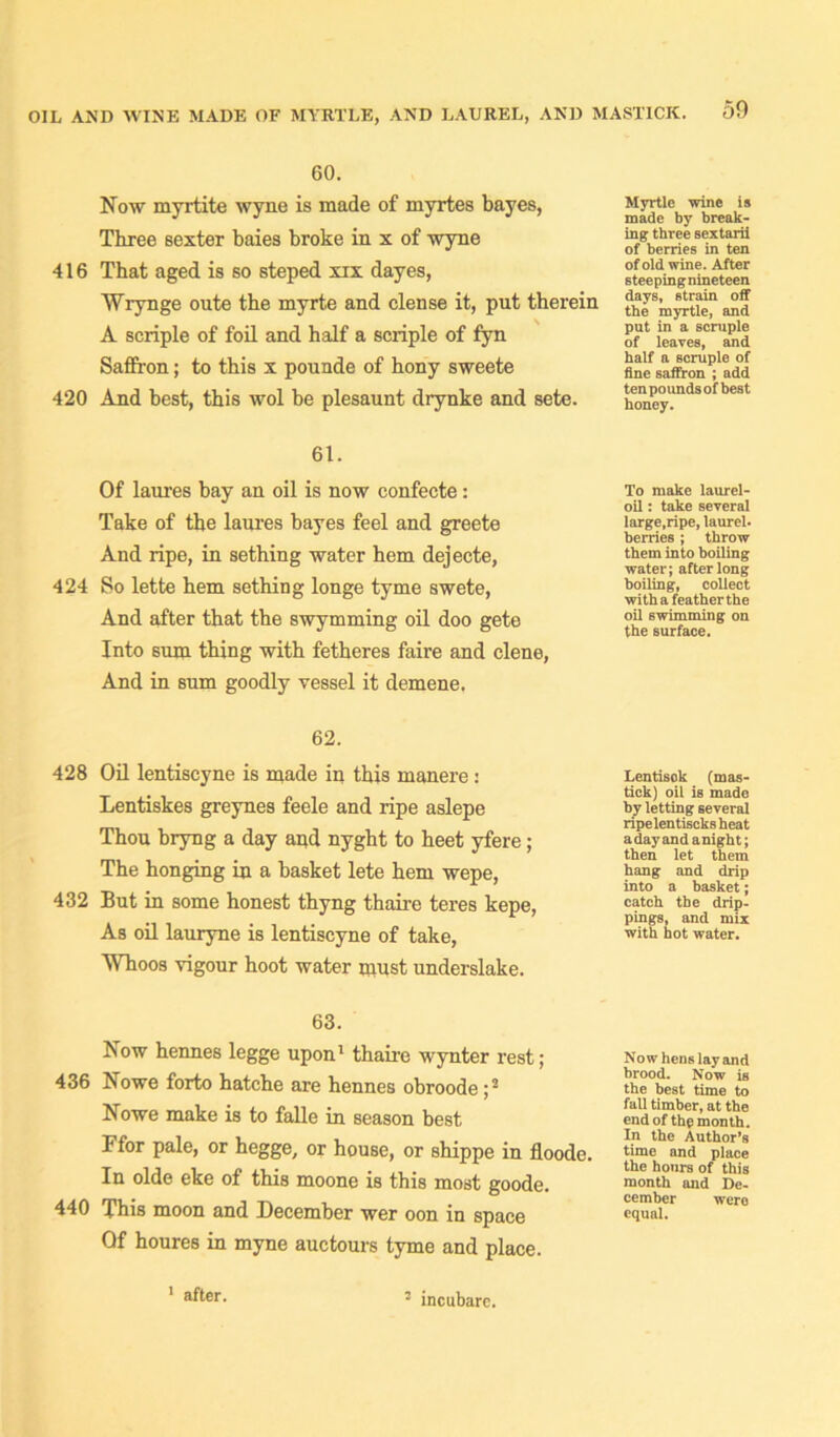 OIL AND WINE MADE OF MYRTLE, AND LAUREL, AND MASTICK. 60. Now myrtite wyne is made of myrtes bayes, Three sexter baies broke in x of wyne 416 That aged is so steped xix dayes, Wrynge oute the myrte and dense it, put therein A scriple of foil and half a scriple of fyn Saffron; to this x pounde of hony sweete 420 And best, this wol be plesaunt drynke and sete. Myrtle wine is made by break- ing three sextarii of berries in ten of old wine. After steepingnineteen days, strain off the myrtle, and put in a scruple of leaves, and half a scruple of fine saffron ; add tenpoundsofbest honey. 61. Of laures bay an oil is now confecte: Take of the laures bayes feel and greete And ripe, in sething water hem dejecte, 424 So lette hem sething longe tyme swete, And after that the swymming oil doo gete Into sum thing with fetheres faire and clene, And in sum goodly vessel it demene. To make laurel- oil : take several large,ripe, laurel, berries ; throw them into boiling water; after long boiling, collect with a feather the oil swimming on the surface. 62. 428 Oil lentiscyne is made in this manere: Lentiskes greynes feele and ripe aslepe Thou bryng a day and nyght to heet yfere; The honging in a basket lete hem wepe, 432 But in some honest thyng thaire teres kepe, As oil lauryne is lentiscyne of take, AVhoos vigour hoot water must underslake. Lentisok (mas- tick) oil is made by letting several ripelentiscks heat adayandanight; then let them hang and drip into a basket; catch the drip- pings, and mix with hot water. 63. Now hennes legge upon1 thaire wynter rest; 436 Nowe forto hatche are hennes obroode ;2 Nowe make is to falle in season best Ffor pale, or hegge, or house, or shippe in floode. In olde eke of this moone is this most goode. 440 This moon and December wer oon in space Of houres in myne auctours tyme and place. Now hens lay and brood. Now is the best time to fall timber, at the end of the month. In the Author’s time and place the hours of this month and De- cember wero equal. 1 after. 5 incubare.