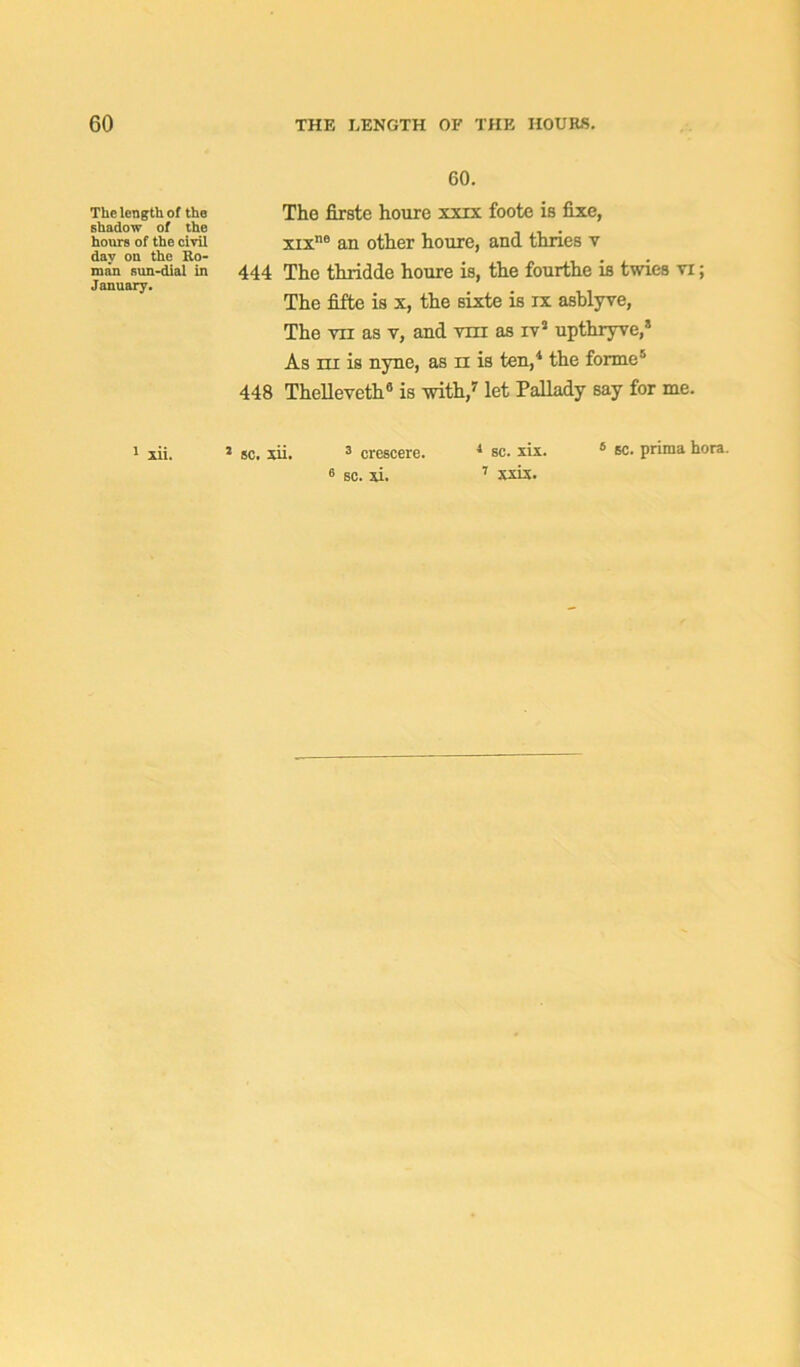 The length of the shadow of the hours of the civil day on the Ro- man sun-dial in January. l xii. 60. The firste houre xxrx foote is fixe, xixe an other houre, and thries v 444 The thridde houre is, the fourthe is twies vi; The fifte is x, the sixte is xx asblyve, The yii as v, and vni as iv2 3 upthryve,” As hi is nyne, as n is ten,4 the fonne*’ 448 Thelleveth6 is with,7 let Pallady say for me. 2 sc. xii. 3 crescere. 4 sc. xix. 6 sc. prima hora. 7 xxix.