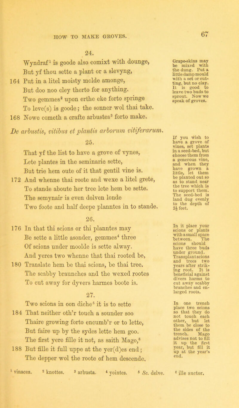 HOW TO MAKE GROVES. 24. Wyndraf1 is goode also comixt with dounge, But yf thou sette a plant or a slevyng, 164 Put in a litel moisty molde amonge, But doo noo cley therto for anything. Two gernmes3 upon erthe eke forto springe To leve(s) is goode; the sonner wol thai take. 168 No we cometh a crafte arbustes3 forto make. Grape-skins may be mixed with the dung. Put a little damp mould w ith a set or cut- ting, but no clay. It is good to leave two buds to sprout. Now we speak of groves. Be arbustis, vitibus et plcintis arborum vitiferarum. 25. That yf the list to have a grove of vynes, Lete plantes in the seminarie sette, But trie hem oute of it that gentil vine is. 172 And whenne thai roote and wexe a litel grete, To stande aboute her tree lete hem he sette. The semynair is even dolven londe Two foote and half deepe planntes in to stande. If you wish to have a grove of vines, set plants in a seed-bed, but choose them from a generous vino, and when they have grown a little, let them be planted out so as to stand near the tree which is to support them. The seed-bed is land dug evenly to the depth of 2£ feet. 26. 17 6 In that thi scions or thi planntes may Be sette a little asonder, gernmes4 three Of scions under moolde is sette alway. And yeres two whenne that thai rooted be, 180 Translate hem be thai scions, be thai tree. The scabby braunches and the wexed rootes To cut away for dyvers harmes boote is. 27. In it place your scions or plants with a small space between. The scions should have three buds under ground. Transplant scions and trees two years after strik- ing root. It is beneficial against divers harms to cut away scabby branches and en- larged roots. Two scions in oon cliche5 it is to sette 184 That neither oth’r touch a sounder soo Thaire growing forto encumb’r or to lette, But faire up by the sydes lette hem goo. The first yere fille it not, as saith Mago,8 188 But fille it full uppe at the yer(d)es end; The depper wol the roote of hem descende. In one trench placo two scions so that they do not touch each other, but let them be close to the sides of the trench. Mago advises not to fill it up the first year, but fill it up at the year’s end. l nnacea. 3 knottes. 3 arbusta. ‘ yointes. 8 Sc. delve. 8 ille auctor.
